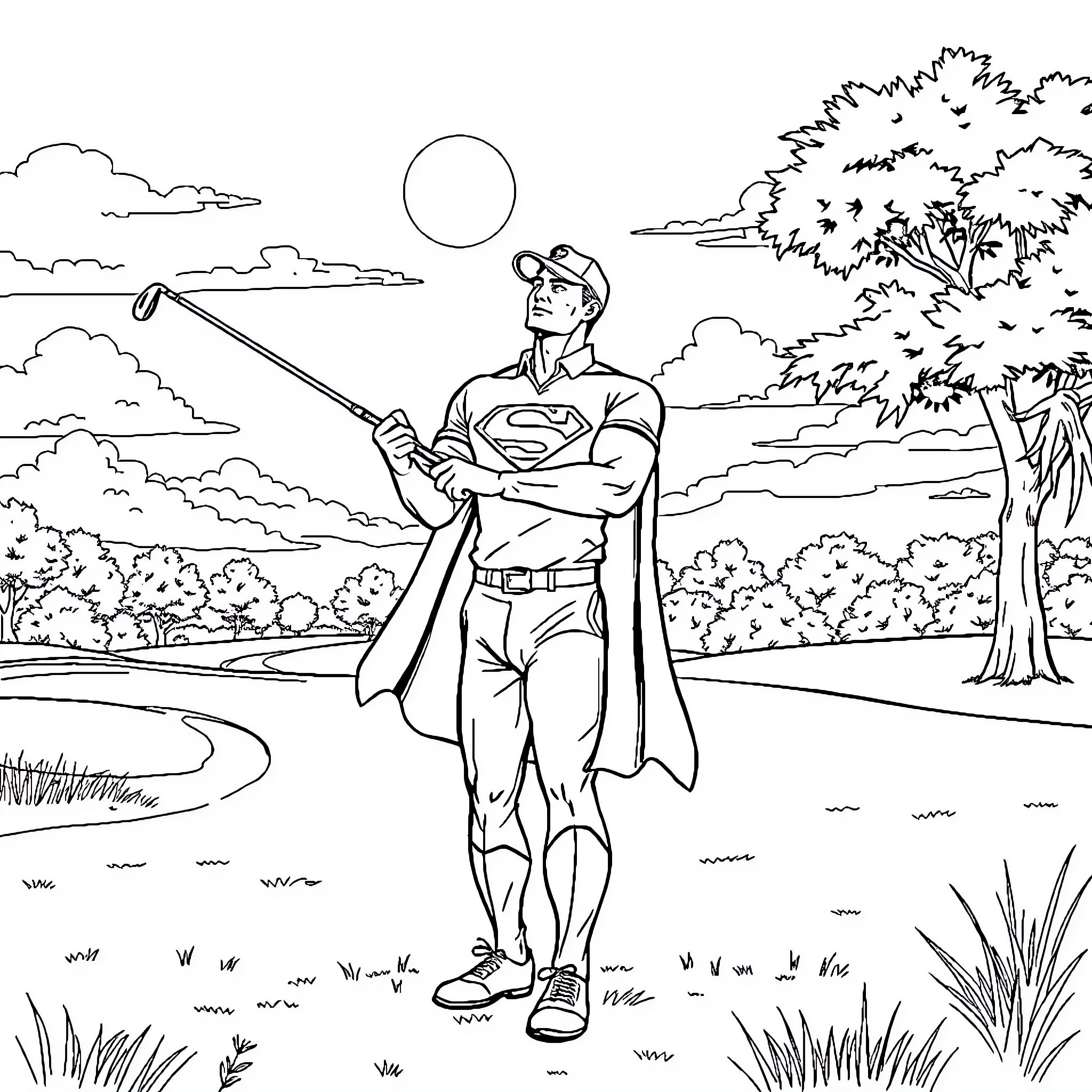 Superman Standing Tall in Serene Outdoor Scene Coloring Page (free black-and-white line drawing printable PDF for all, from beginners to advanced learners, including children, teens, adults, and seniors)