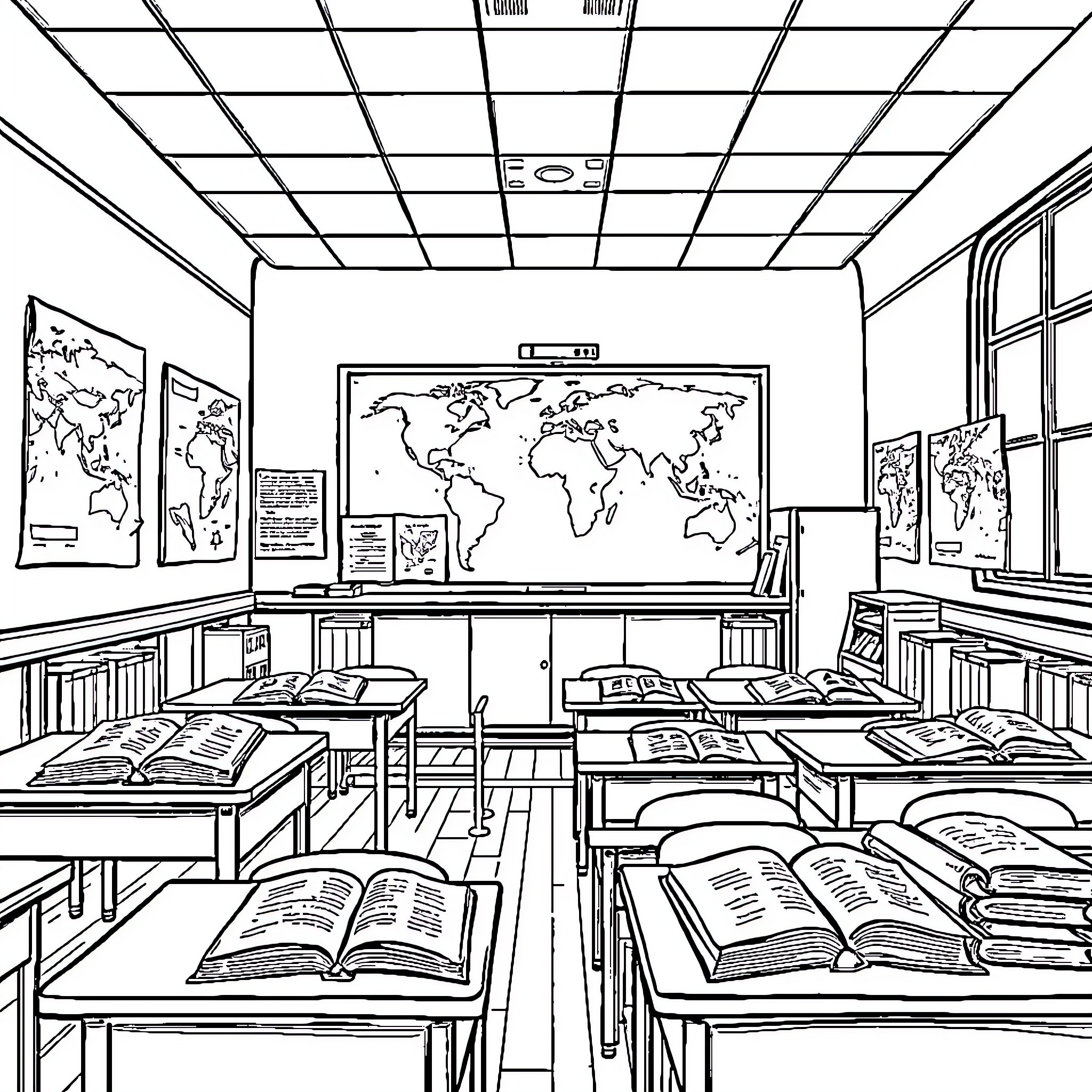 History and Geography of World in Classroom Coloring Page (free black-and-white line drawing printable PDF for all, from beginners to advanced learners, including children, teens, adults, and seniors)