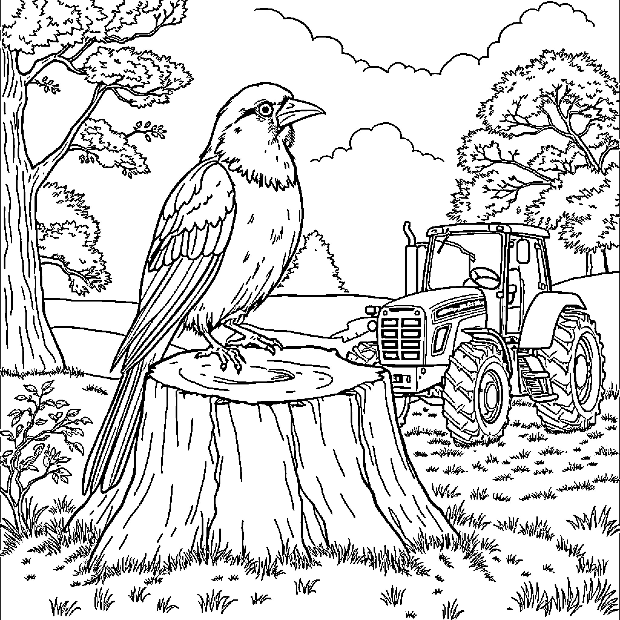 Bird perched on stump in rustic countryside scene Coloring Page (free black-and-white line drawing printable PDF for all, from beginners to advanced learners, including children, teens, adults, and seniors)