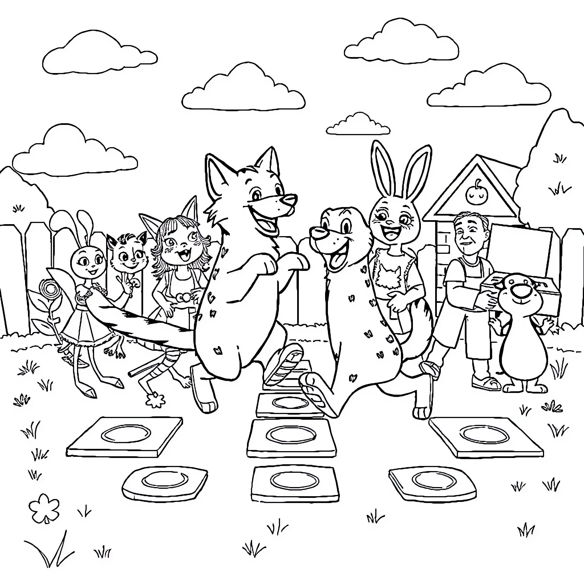 Collage of Animated Characters at a Picnic Coloring Page (free black-and-white line drawing printable PDF for all, from beginners to advanced learners, including children, teens, adults, and seniors)