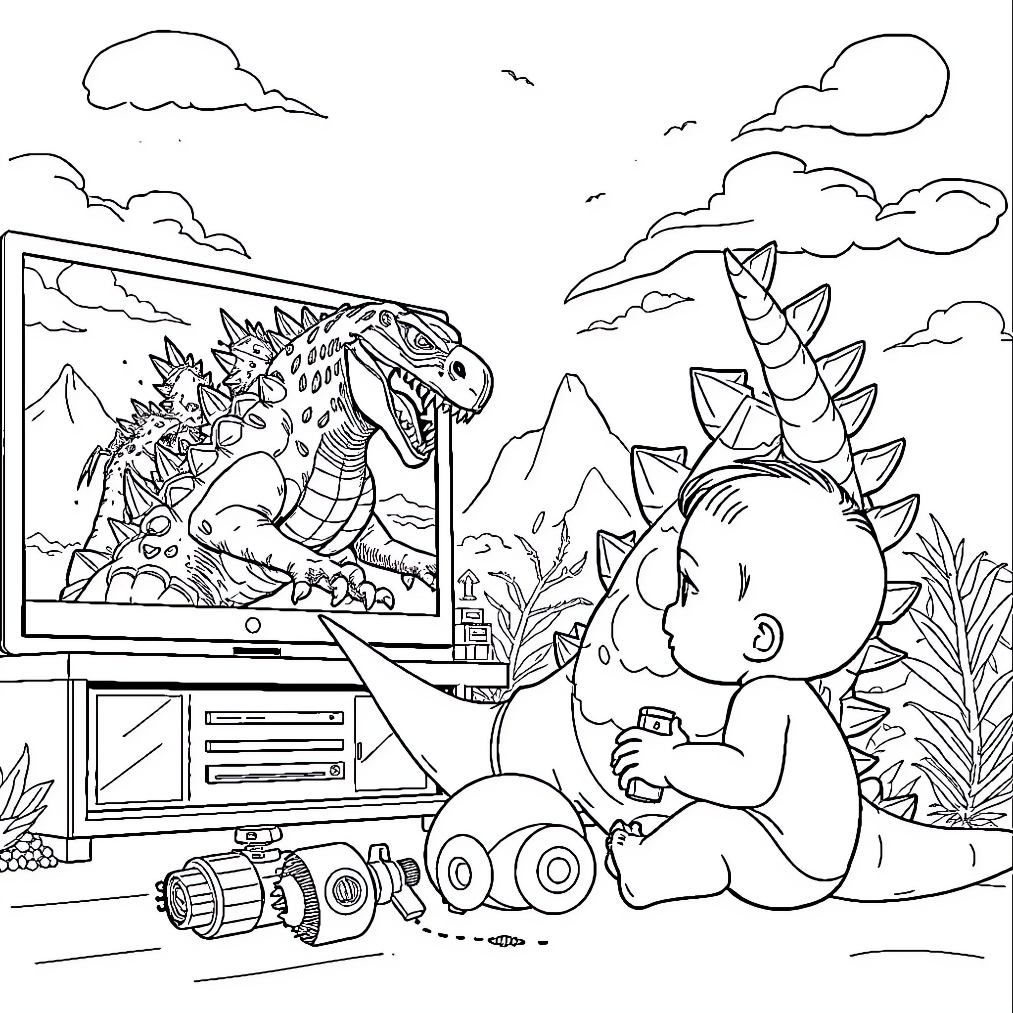Godzilla battles with young child's toys and imagination Coloring Page (free black-and-white line drawing printable PDF for all, from beginners to advanced learners, including children, teens, adults, and seniors)