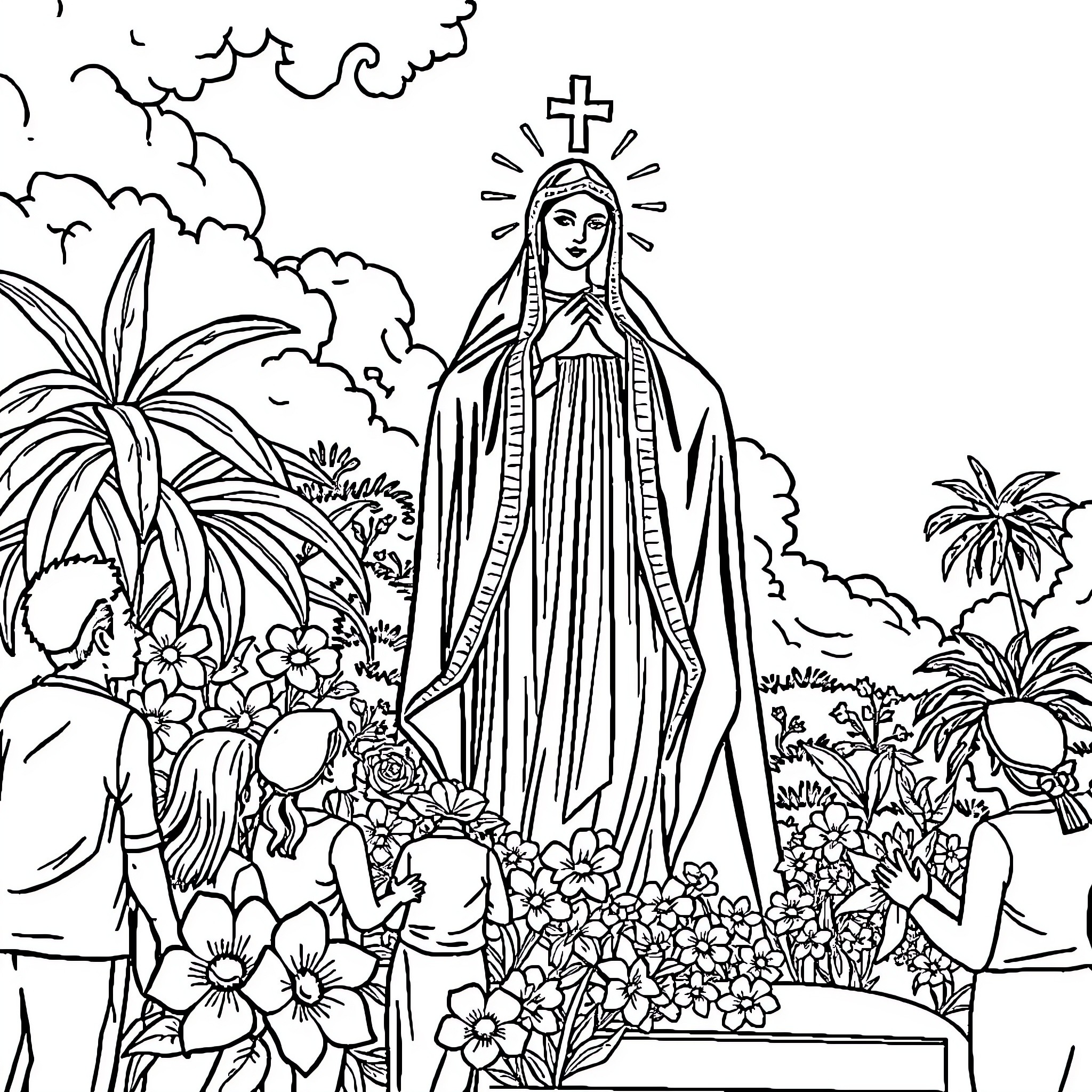 Virgen de Coromoto in serene outdoor garden setting Coloring Page (free black-and-white line drawing printable PDF for all, from beginners to advanced learners, including children, teens, adults, and seniors)