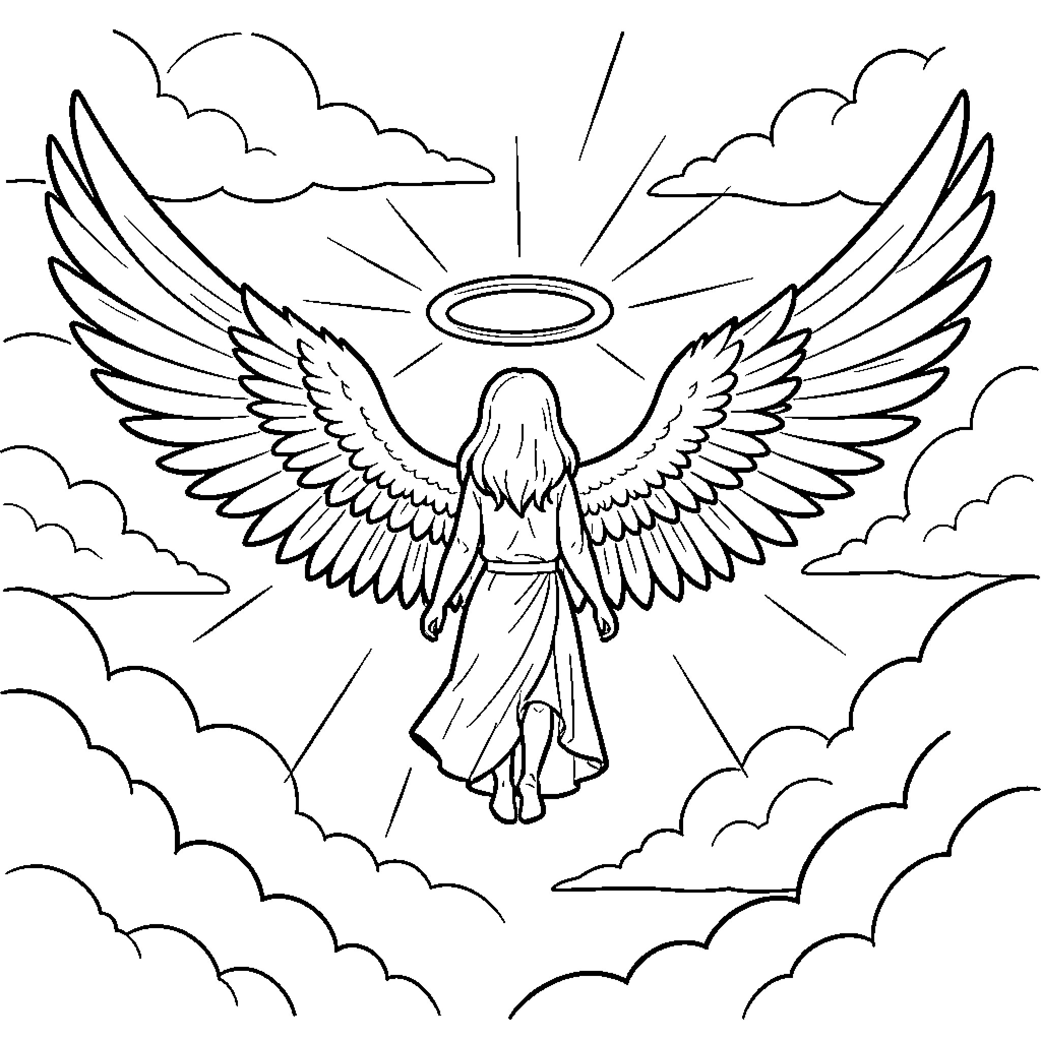 Angel with large wings flying through the clouds Coloring Page (free black-and-white line drawing printable PDF for all, from beginners to advanced learners, including children, teens, adults, and seniors)