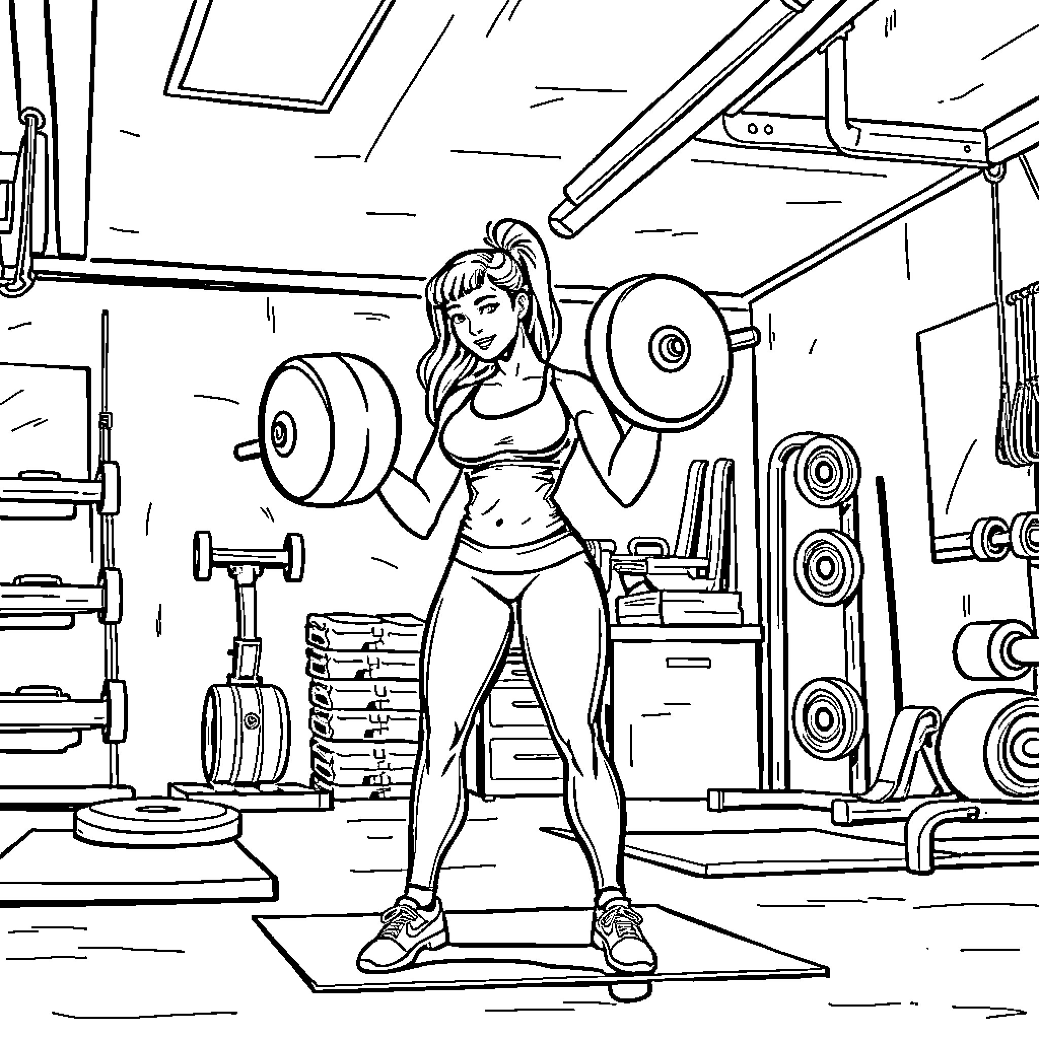 Woman lifting weights in a gym Coloring Page (free black-and-white line drawing printable PDF for all, from beginners to advanced learners, including children, teens, adults, and seniors)