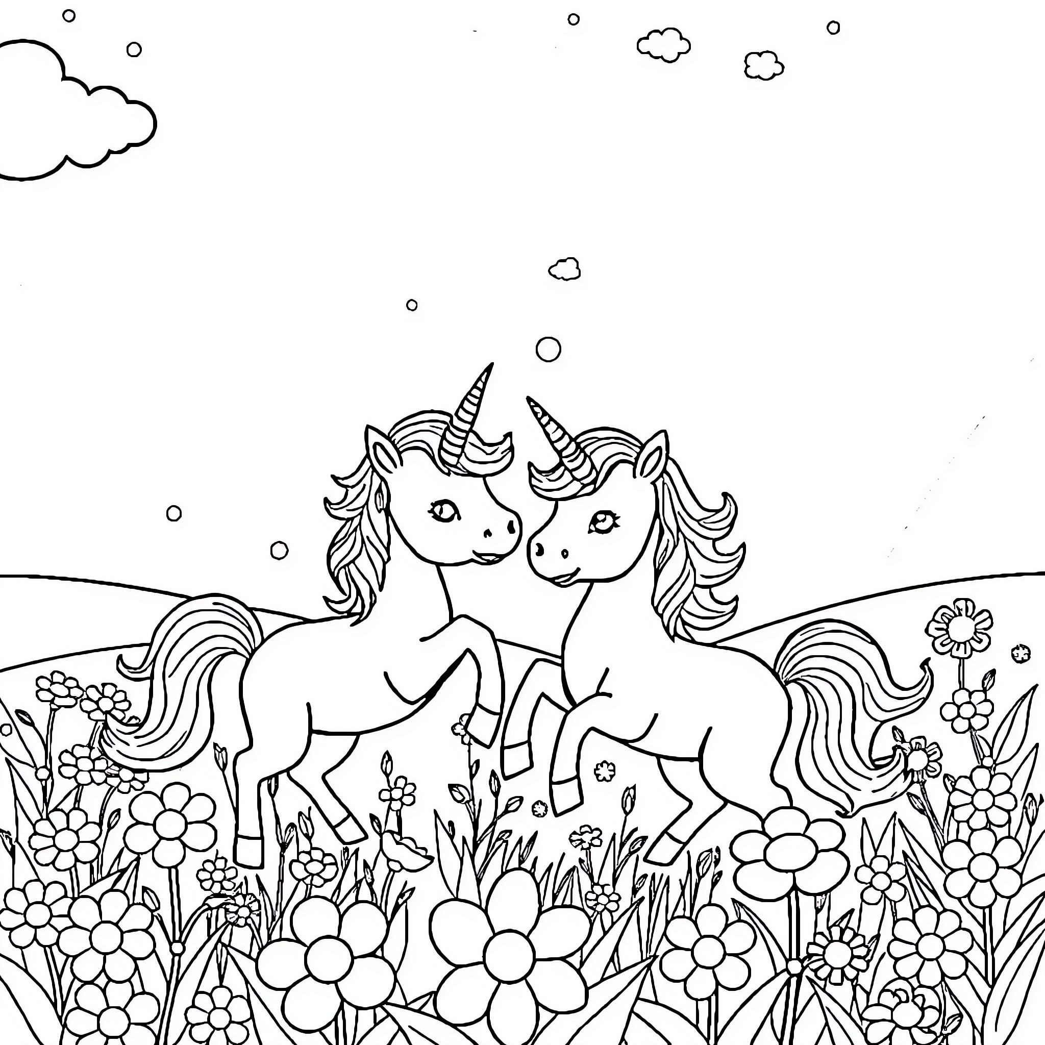 Unicorn friends frolicking in a whimsical meadow Coloring Page (free black-and-white line drawing printable PDF for all, from beginners to advanced learners, including children, teens, adults, and seniors)
