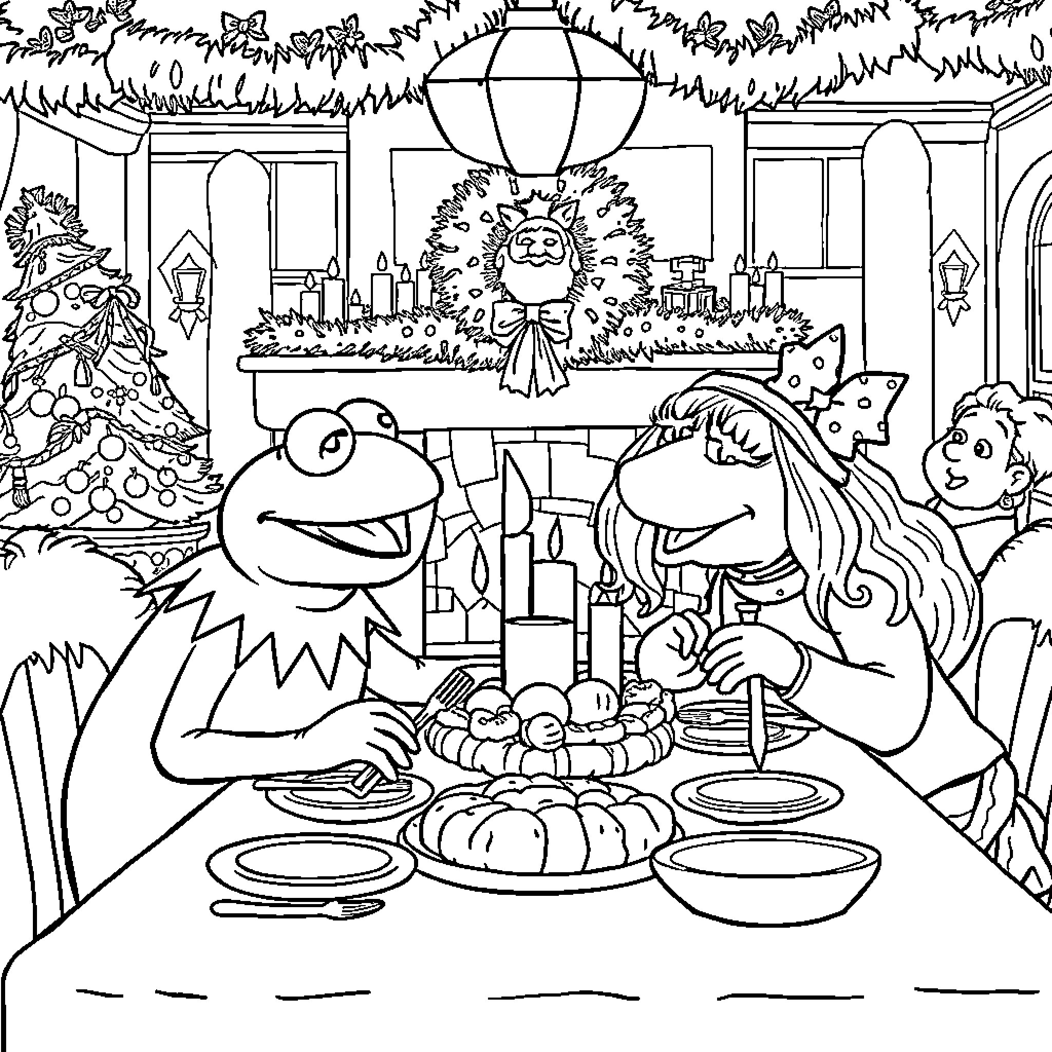 Muppet characters celebrating a festive holiday meal Coloring Page (free black-and-white line drawing printable PDF for all, from beginners to advanced learners, including children, teens, adults, and seniors)