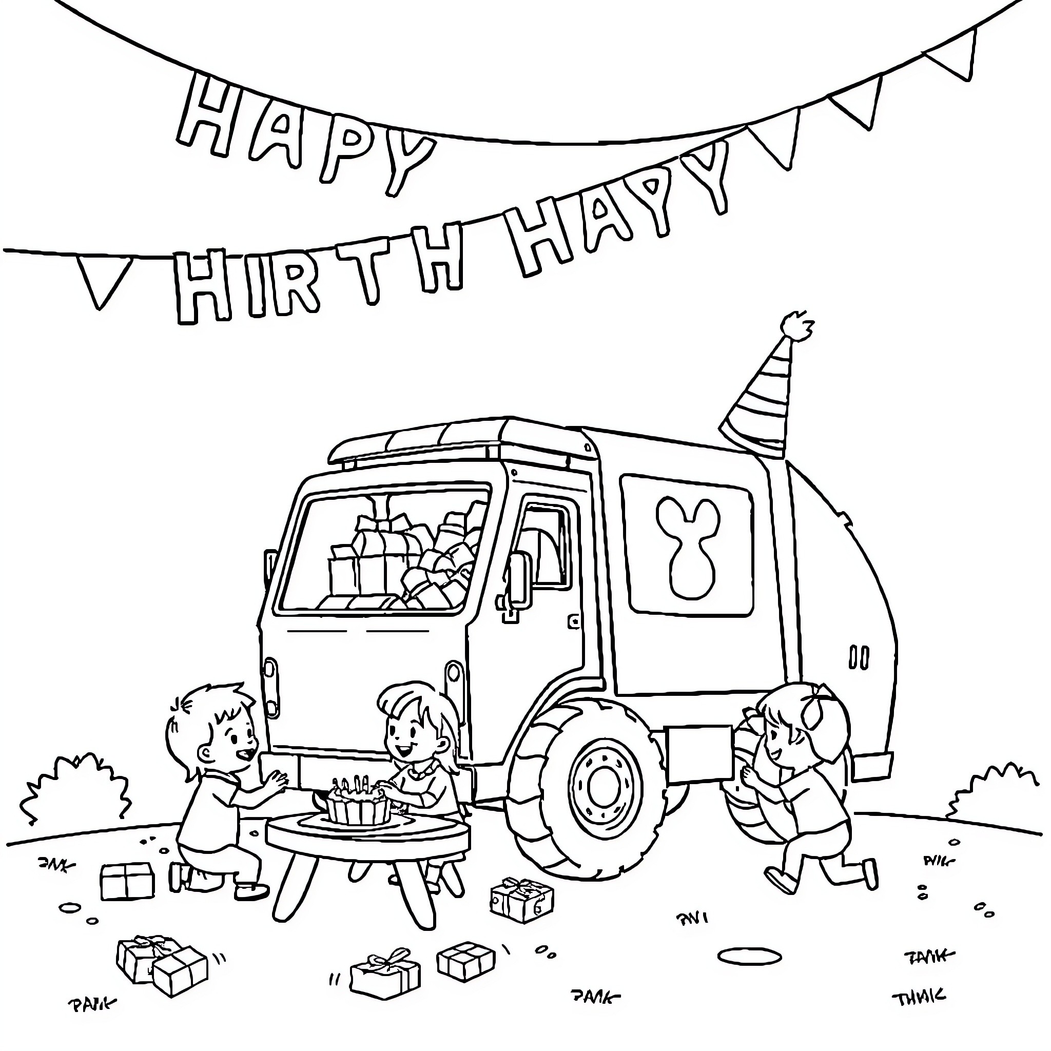 Trash Truck Celebrating a Birthday Party Coloring Page (free black-and-white line drawing printable PDF for all, from beginners to advanced learners, including children, teens, adults, and seniors)