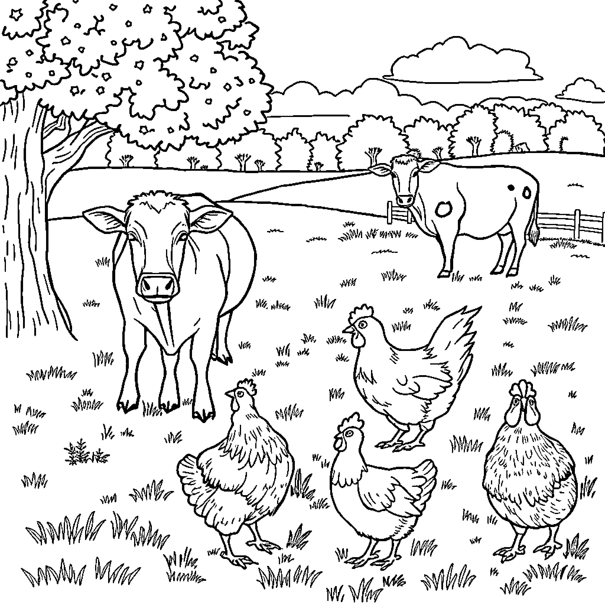 Farm Animal Family Enjoying Peaceful Countryside Coloring Page (free black-and-white line drawing printable PDF for all, from beginners to advanced learners, including children, teens, adults, and seniors)