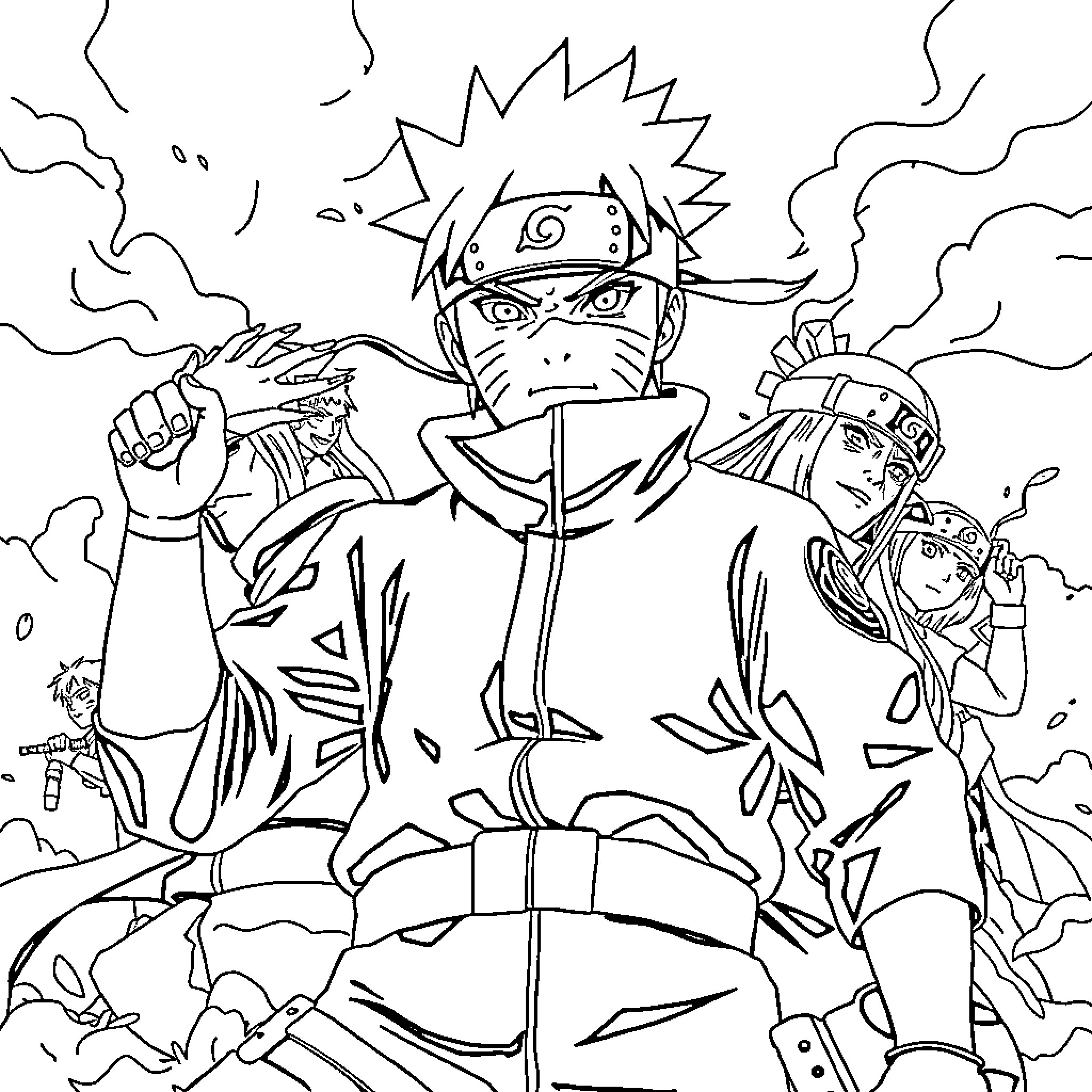 Naruto and Friends in Action-Packed Scene Coloring Page (free black-and-white line drawing printable PDF for all, from beginners to advanced learners, including children, teens, adults, and seniors)
