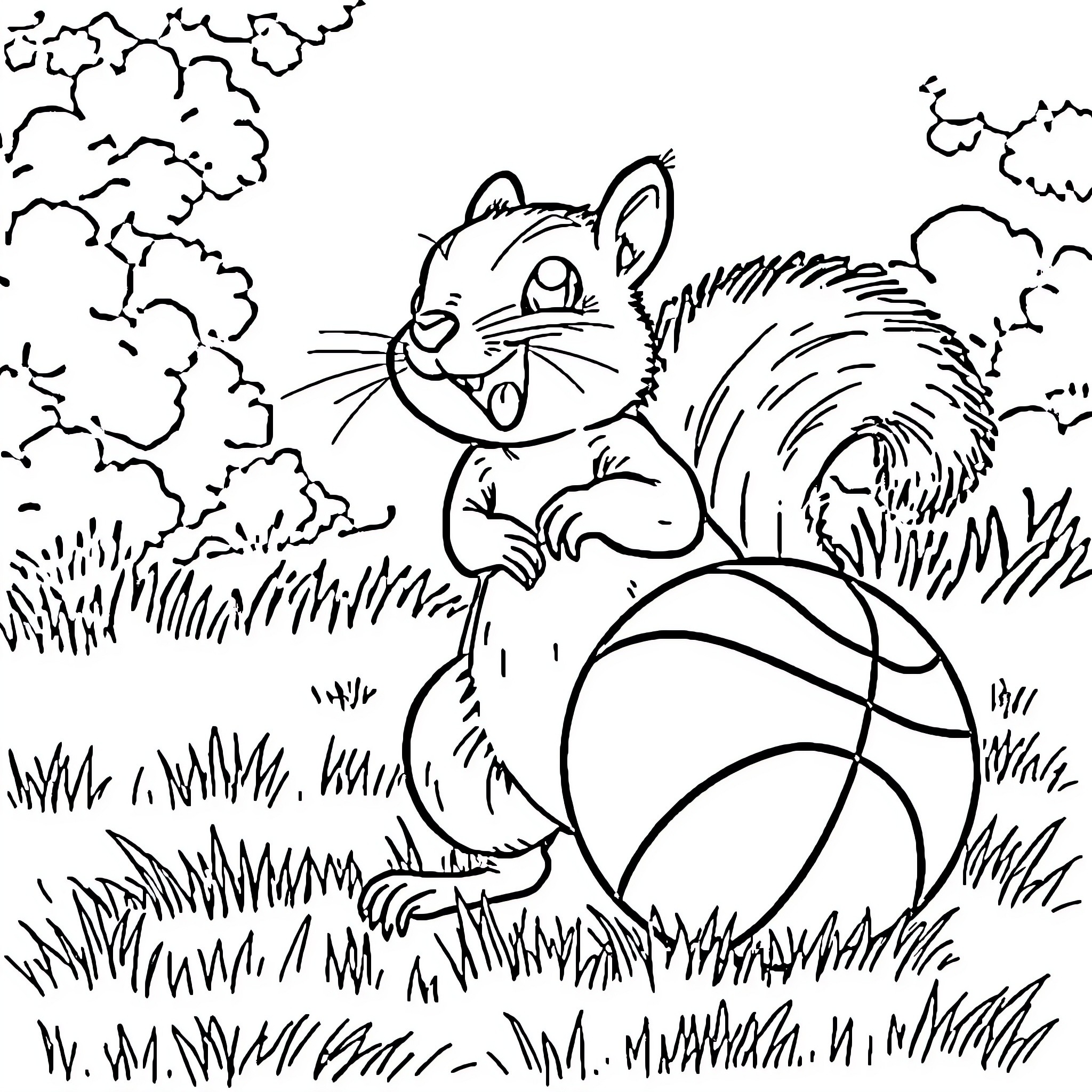 Squirrel playing happily with basketball in the park Coloring Page (free black-and-white line drawing printable PDF for all, from beginners to advanced learners, including children, teens, adults, and seniors)