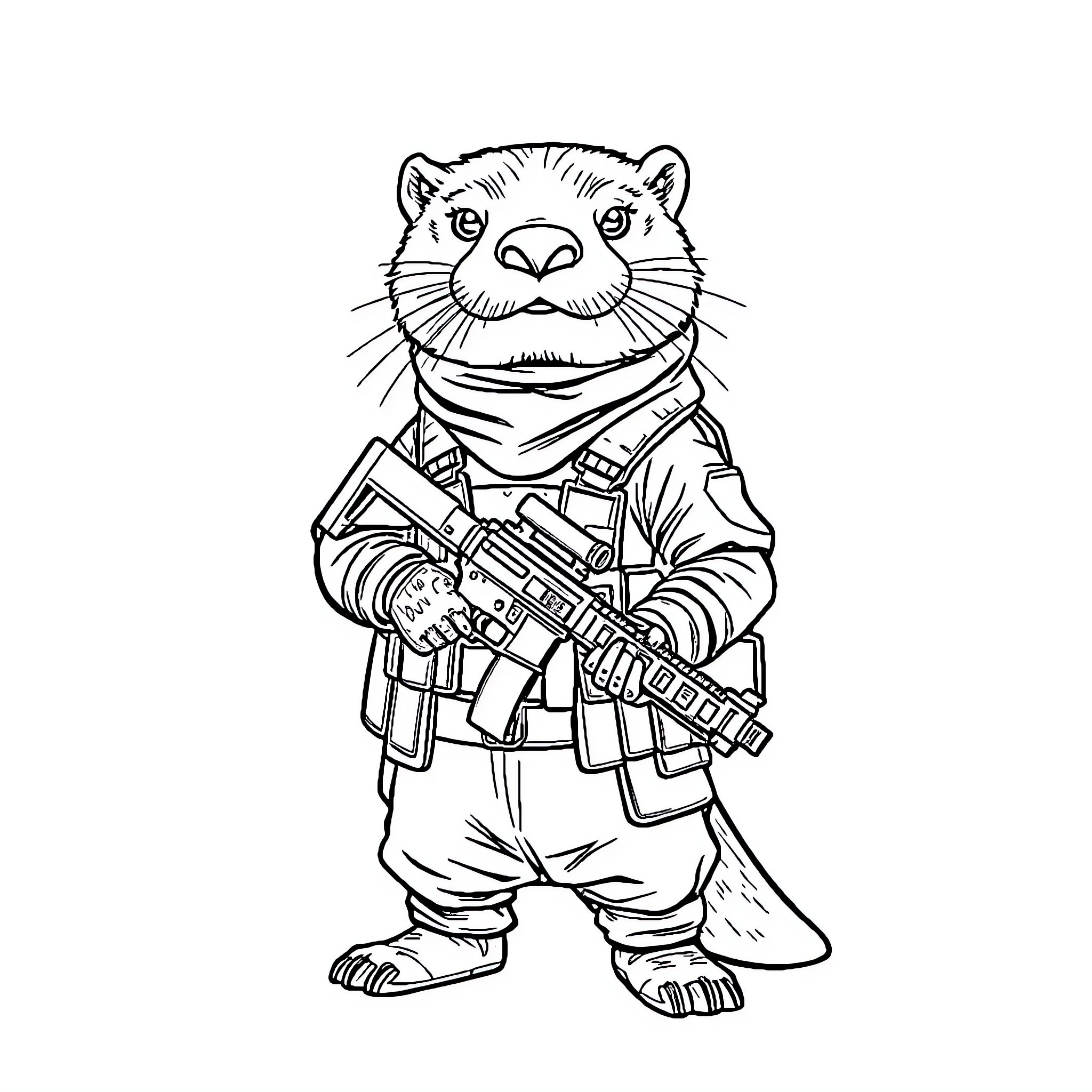 Otter in Tactical Gear Coloring Page (free black-and-white line drawing printable PDF for all, from beginners to advanced learners, including children, teens, adults, and seniors)
