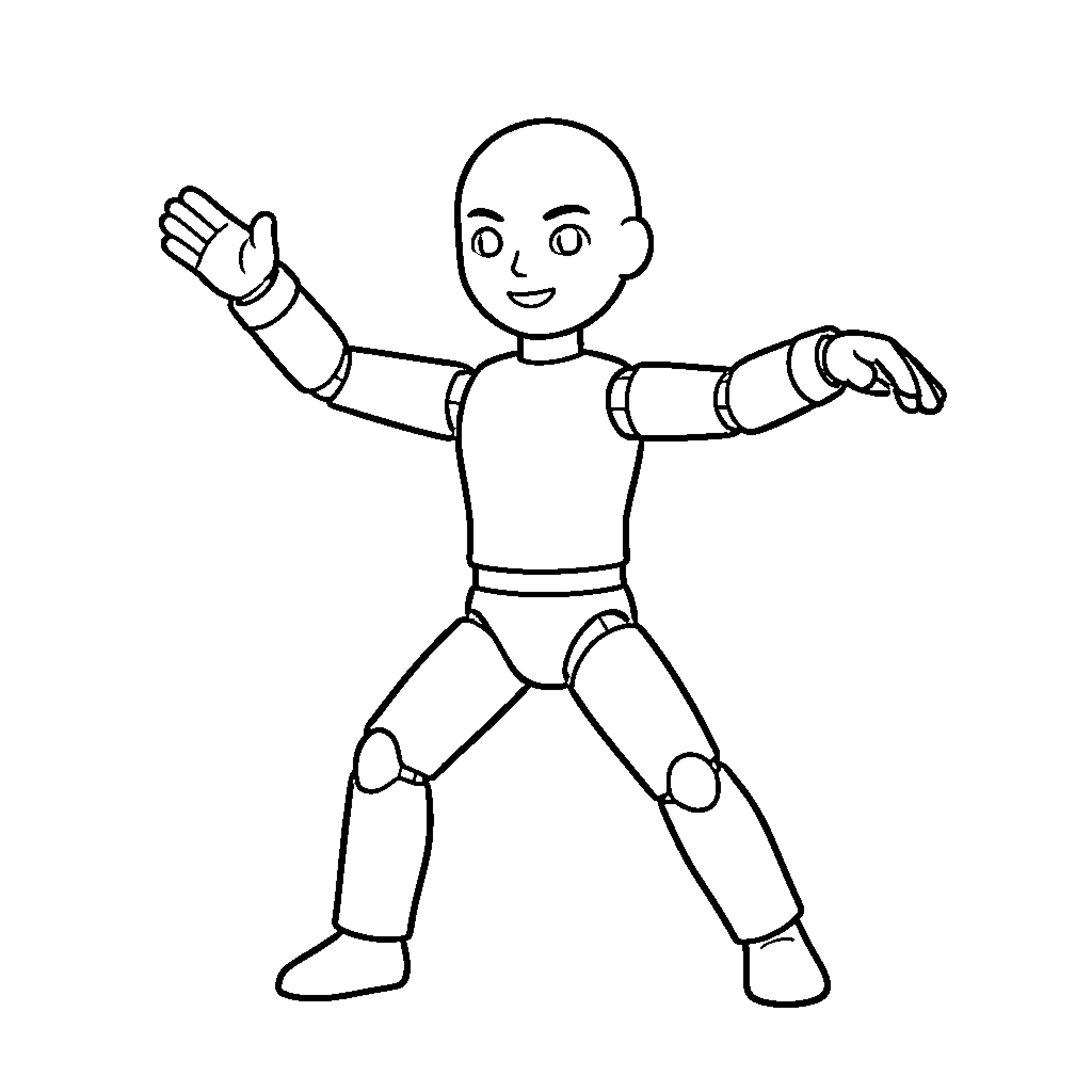 Manikin striking a dynamic dance pose with arms outstretched Coloring Page (free black-and-white line drawing printable PDF for all, from beginners to advanced learners, including children, teens, adults, and seniors)
