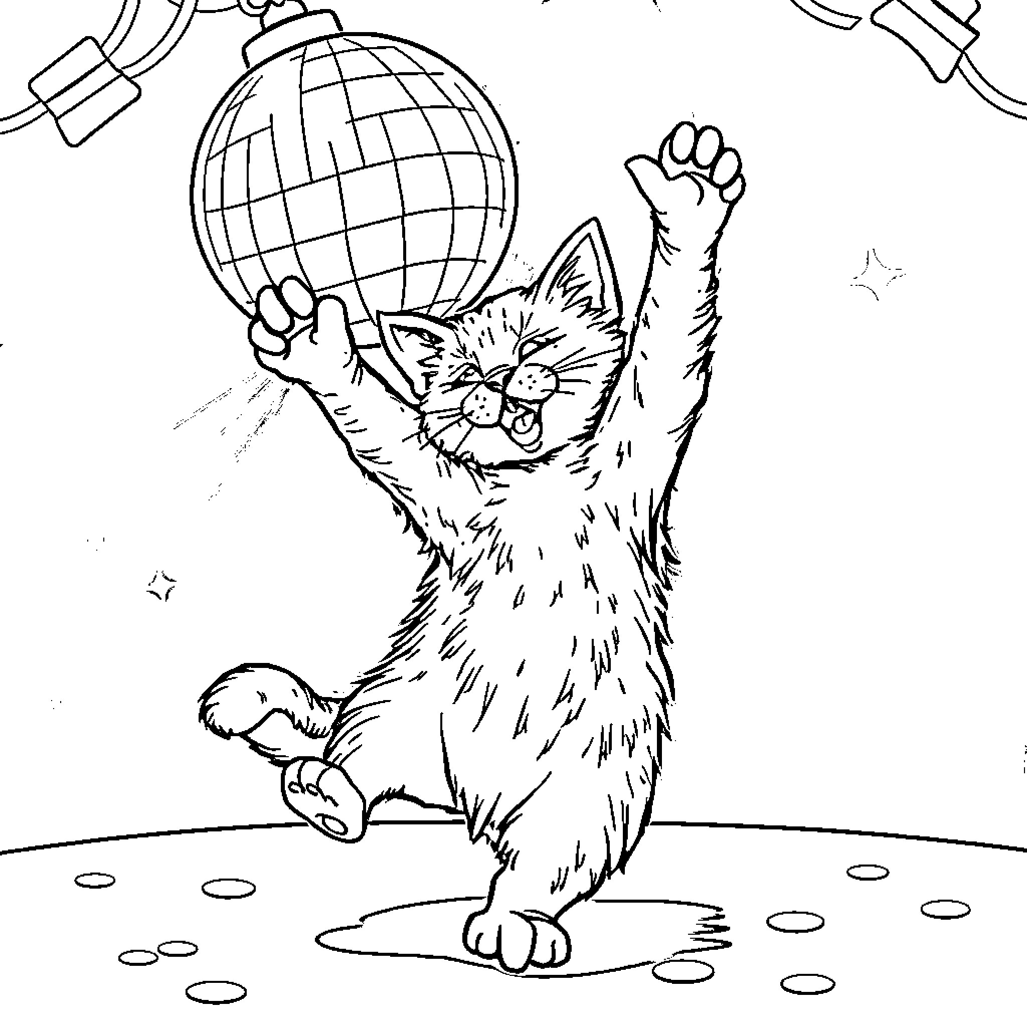 Cat Dancing with Disco Ball Coloring Page (free black-and-white line drawing printable PDF for all, from beginners to advanced learners, including children, teens, adults, and seniors)