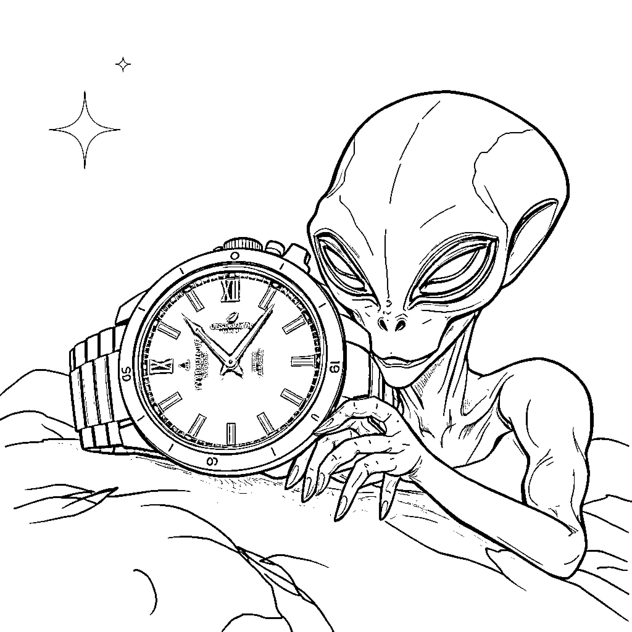 Watch an Alien Inspect a Wristwatch in Space Coloring Page (free black-and-white line drawing printable PDF for all, from beginners to advanced learners, including children, teens, adults, and seniors)