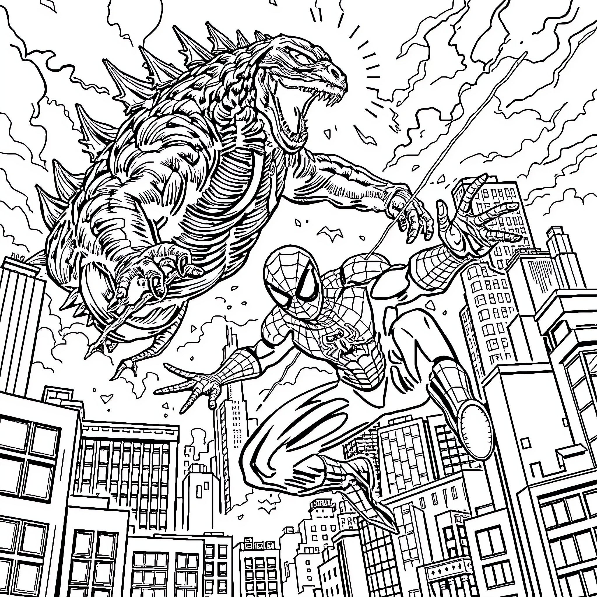 Spiderman battles a giant mutant creature in the city Coloring Page (free black-and-white line drawing printable PDF for all, from beginners to advanced learners, including children, teens, adults, and seniors)