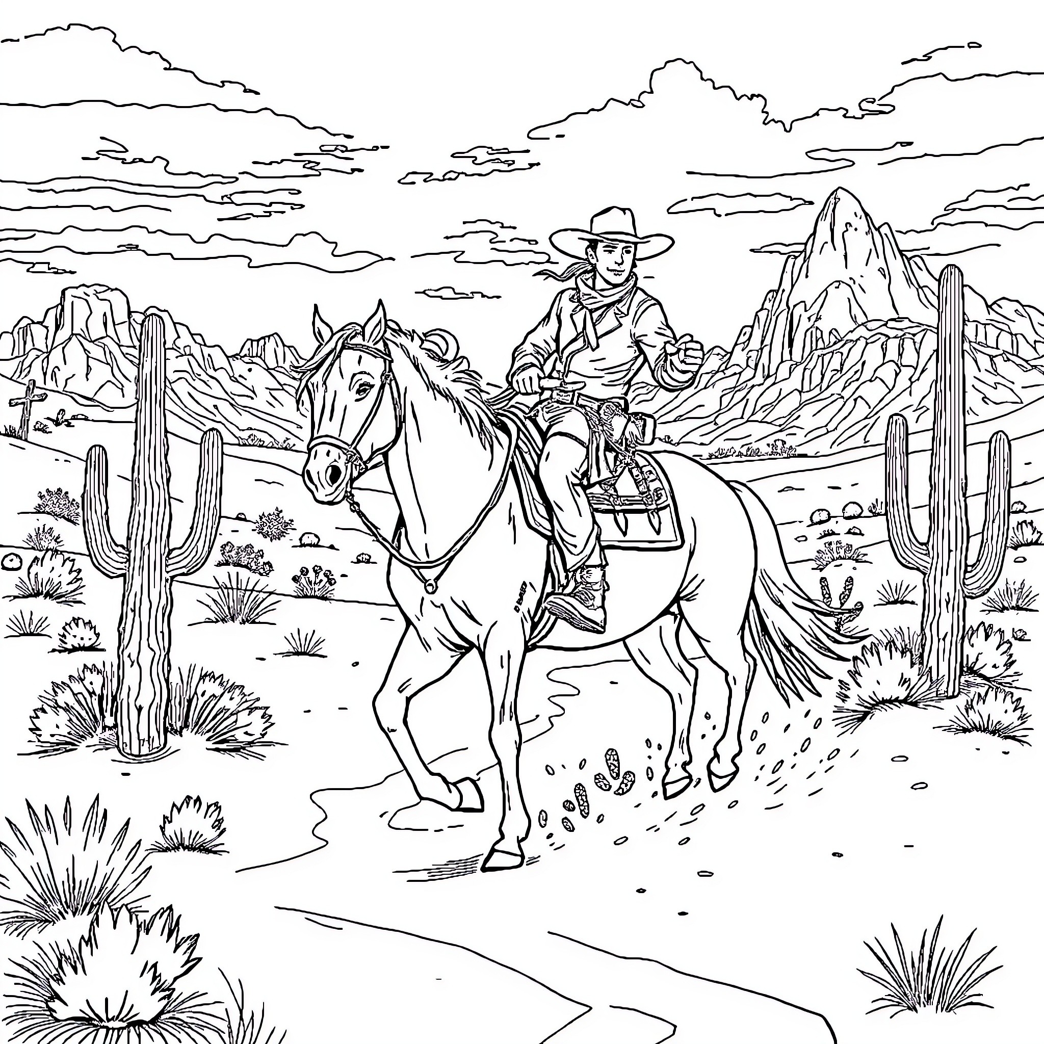 Cowboy riding his horse through the desert landscape Coloring Page (free black-and-white line drawing printable PDF for all, from beginners to advanced learners, including children, teens, adults, and seniors)