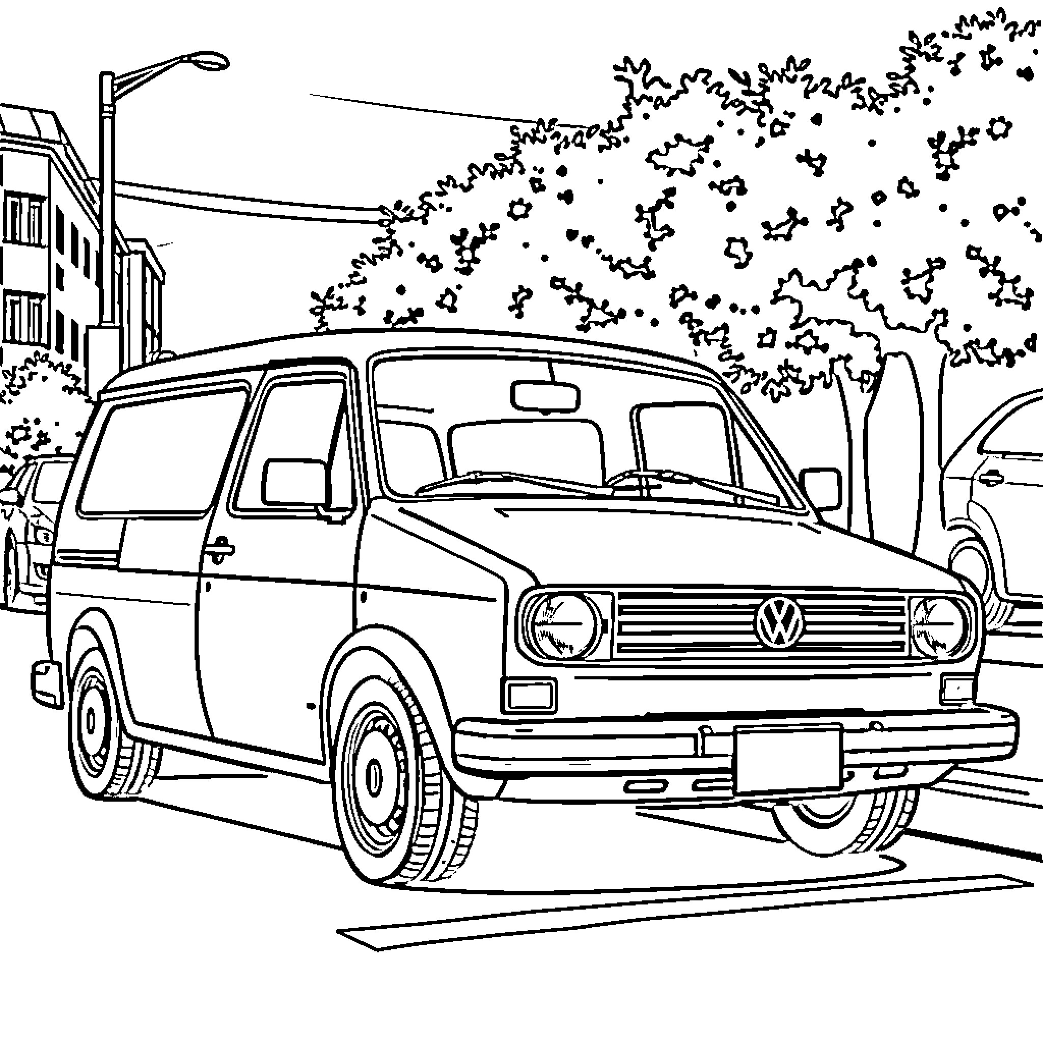 Volkswagen Caddy in a neighborhood setting Coloring Page (free black-and-white line drawing printable PDF for all, from beginners to advanced learners, including children, teens, adults, and seniors)