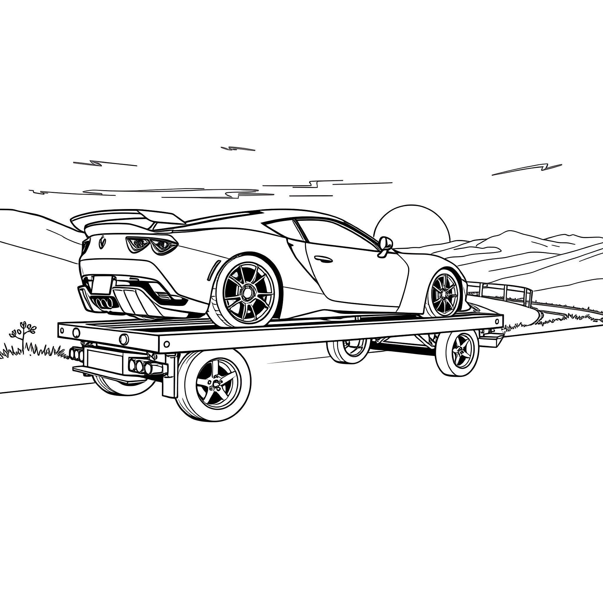 Car Trailer Transporting Sports Car on Scenic Road Coloring Page (free black-and-white line drawing printable PDF for all, from beginners to advanced learners, including children, teens, adults, and seniors)