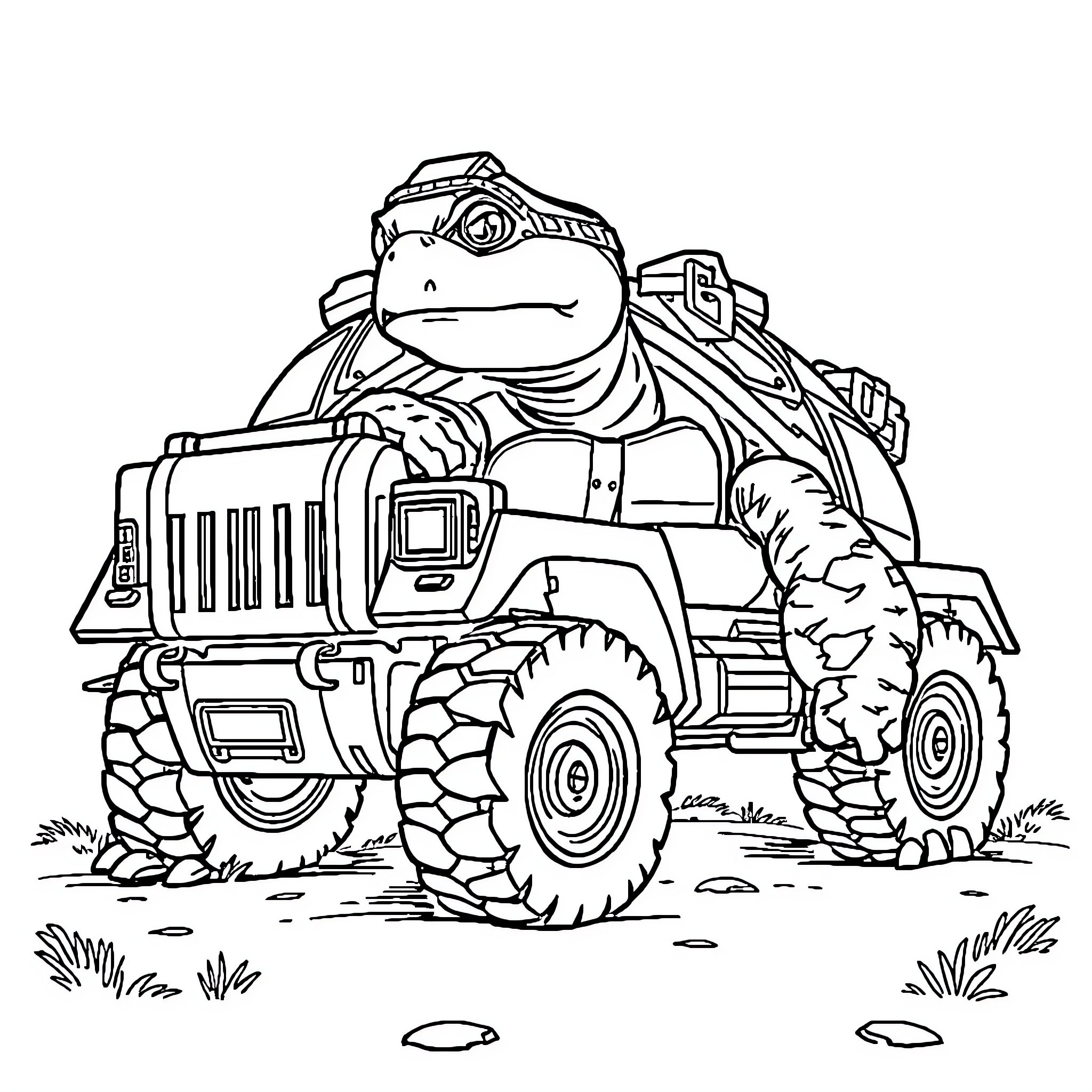 Turtle Truck exploring rugged terrain Coloring Page (free black-and-white line drawing printable PDF for all, from beginners to advanced learners, including children, teens, adults, and seniors)