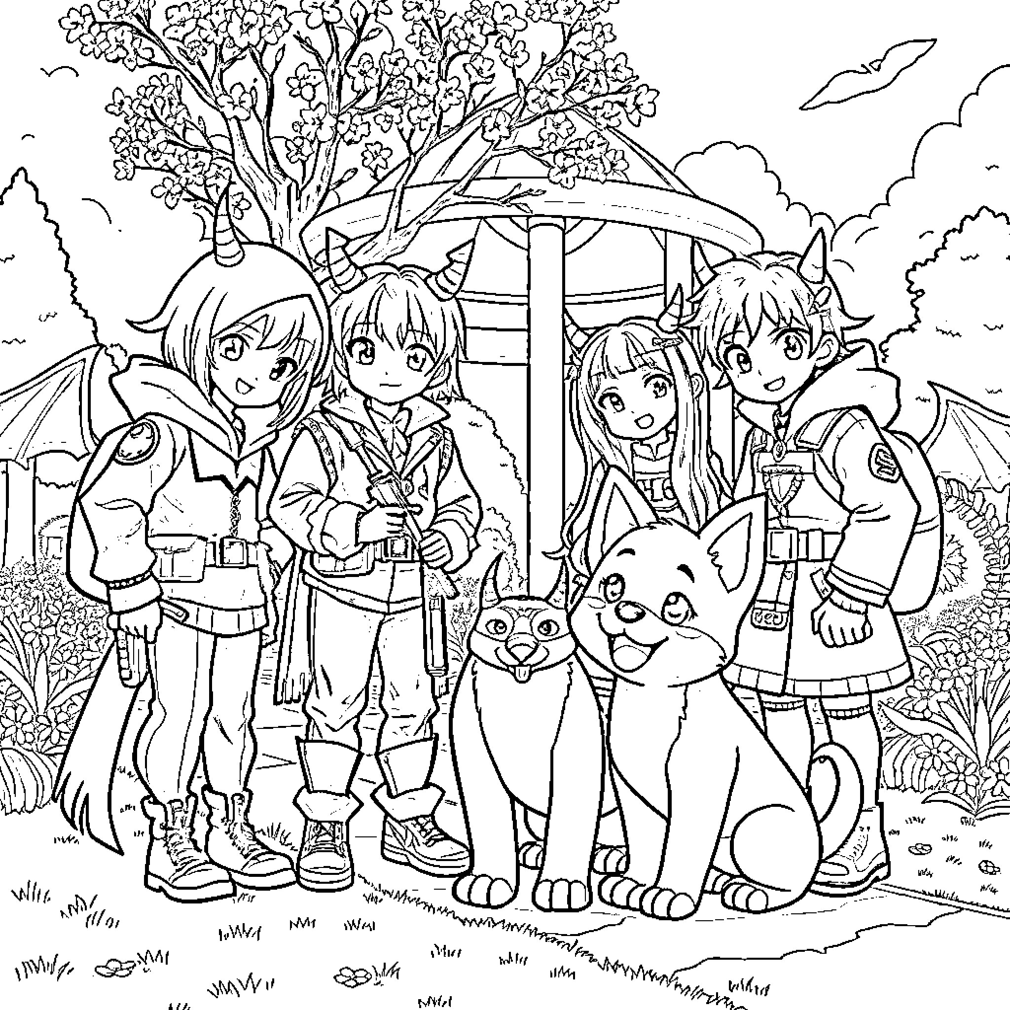 Kpop Demon Hunters on an Adventure Coloring Page (free black-and-white line drawing printable PDF for all, from beginners to advanced learners, including children, teens, adults, and seniors)