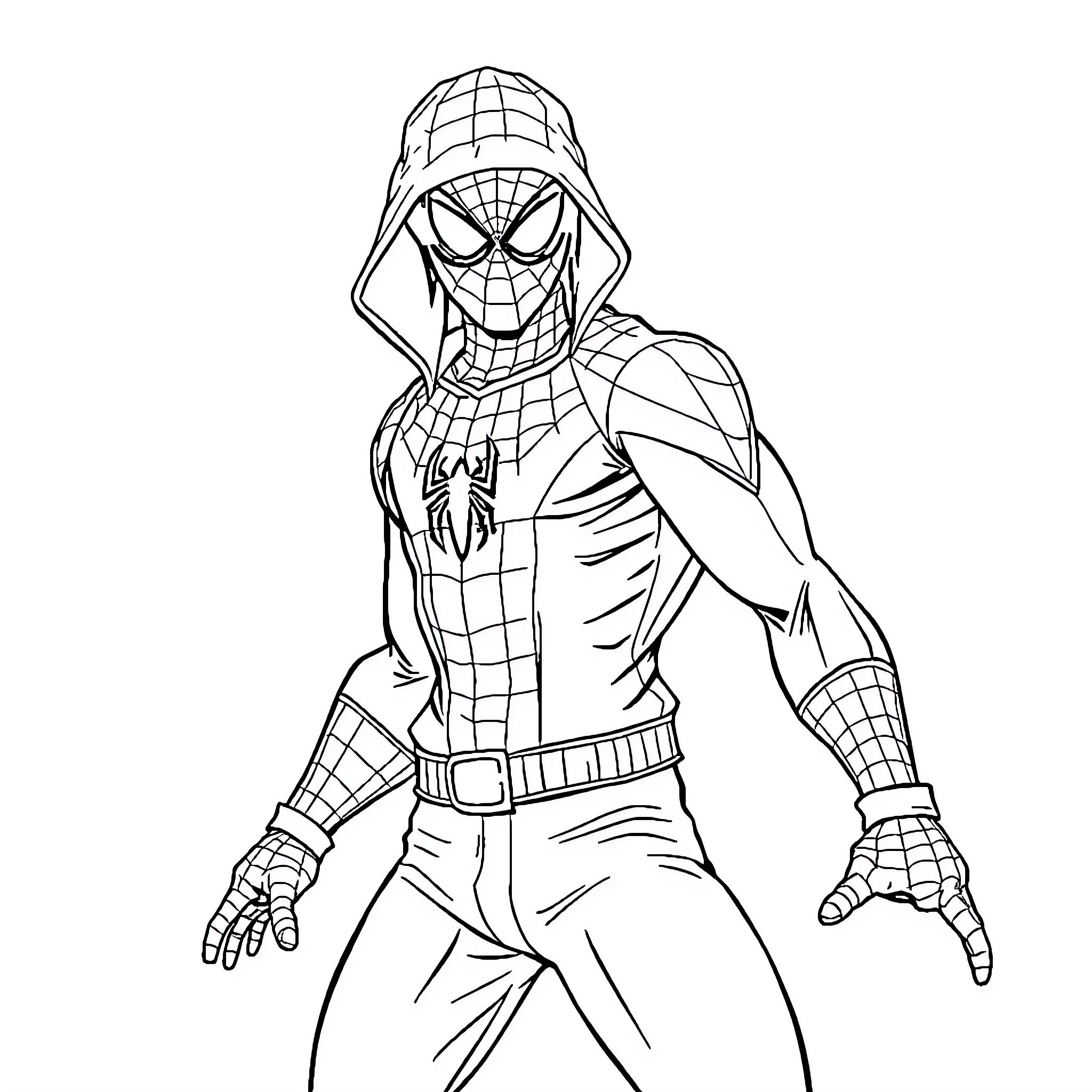 Spiderman preparing for action in his classic outfit Coloring Page (free black-and-white line drawing printable PDF for all, from beginners to advanced learners, including children, teens, adults, and seniors)