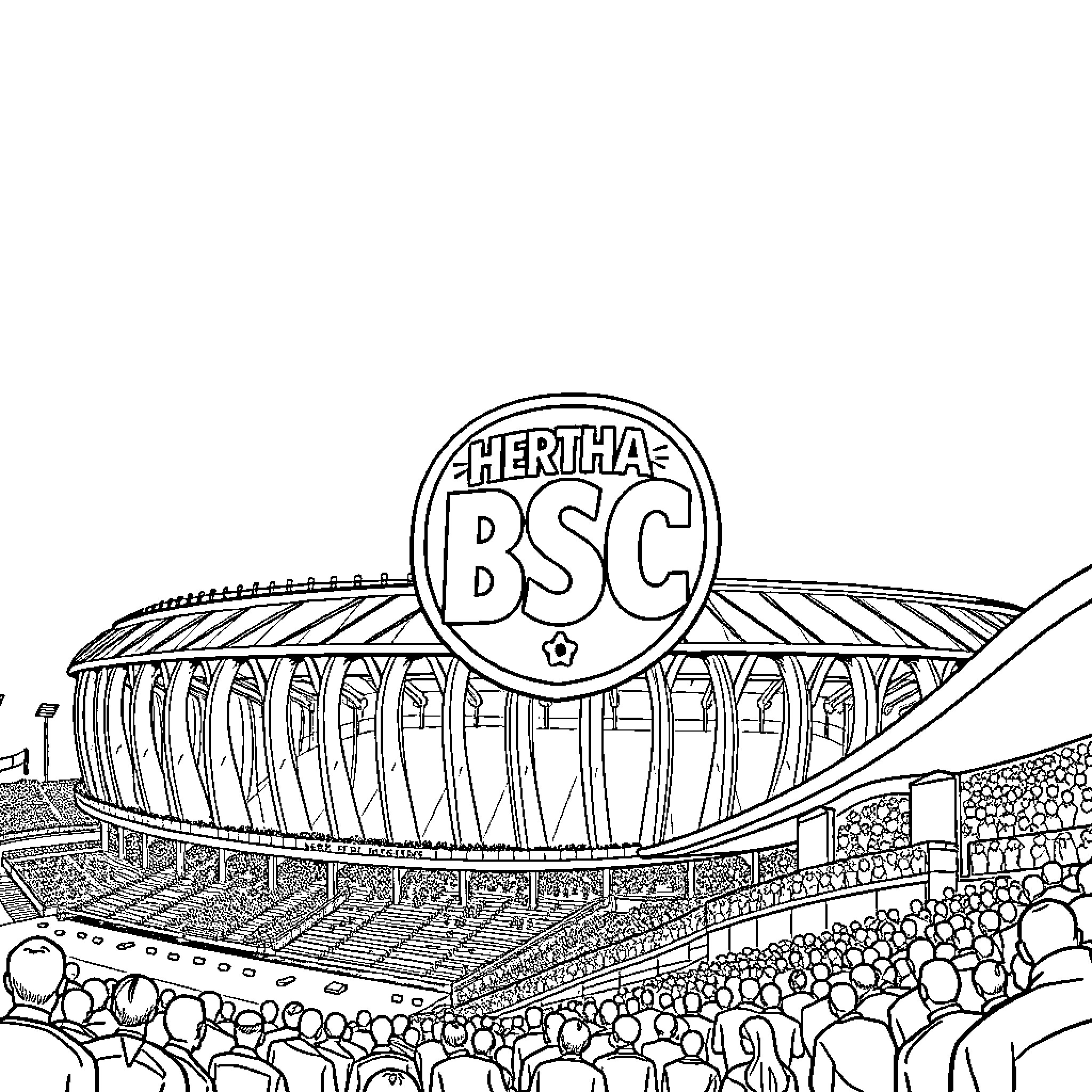 Hertha BSC Fans Cheering at the Stadium Coloring Page (free black-and-white line drawing printable PDF for all, from beginners to advanced learners, including children, teens, adults, and seniors)