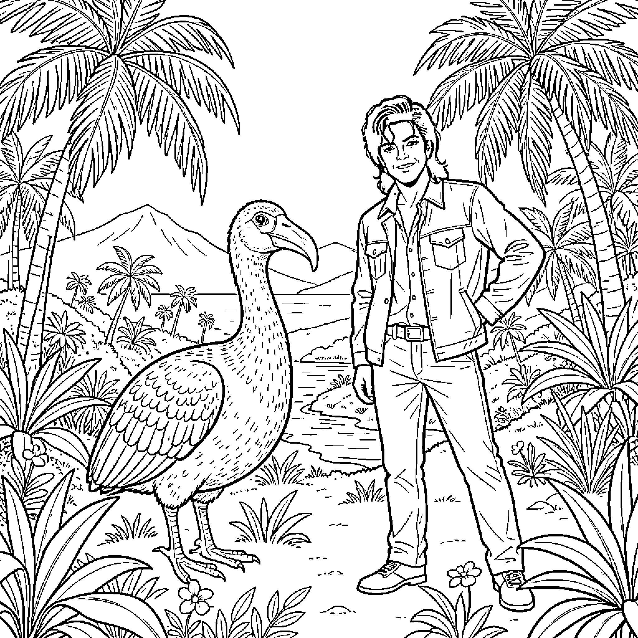 Dodo standing beside a person in a tropical landscape Coloring Page (free black-and-white line drawing printable PDF for all, from beginners to advanced learners, including children, teens, adults, and seniors)