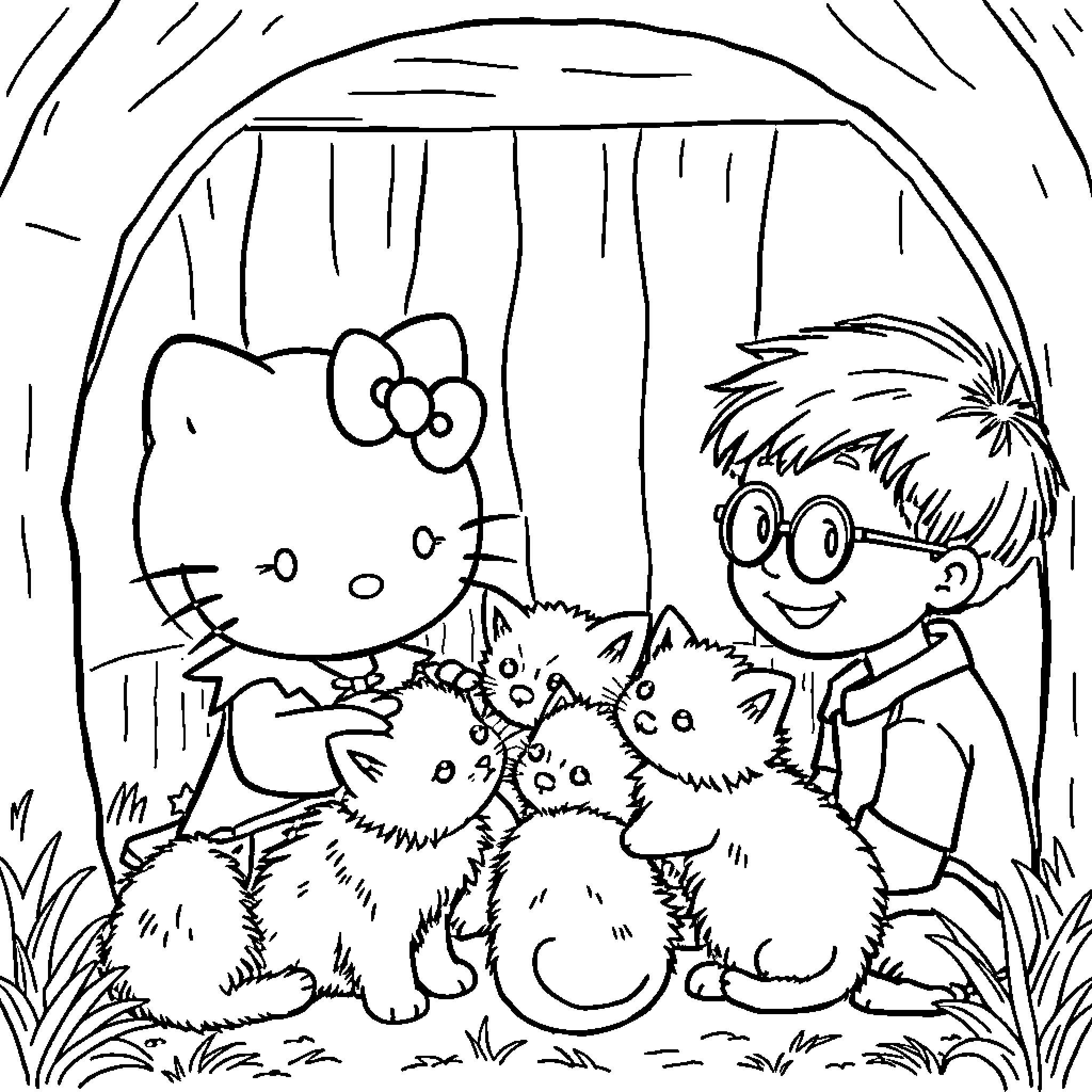 Hello Kitty playing with cute puppies in the forest Coloring Page (free black-and-white line drawing printable PDF for all, from beginners to advanced learners, including children, teens, adults, and seniors)