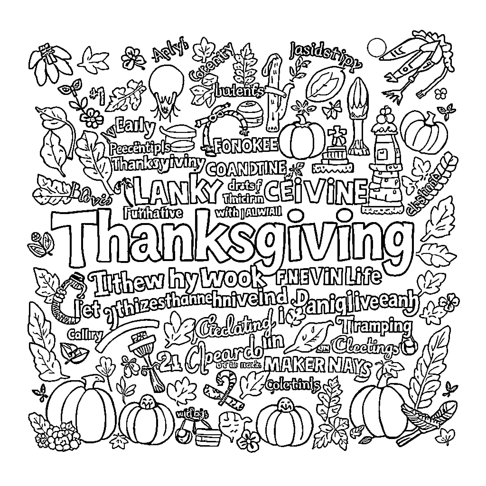 Thanksgiving Doodles and Illustrations Coloring Page (free black-and-white line drawing printable PDF for all, from beginners to advanced learners, including children, teens, adults, and seniors)
