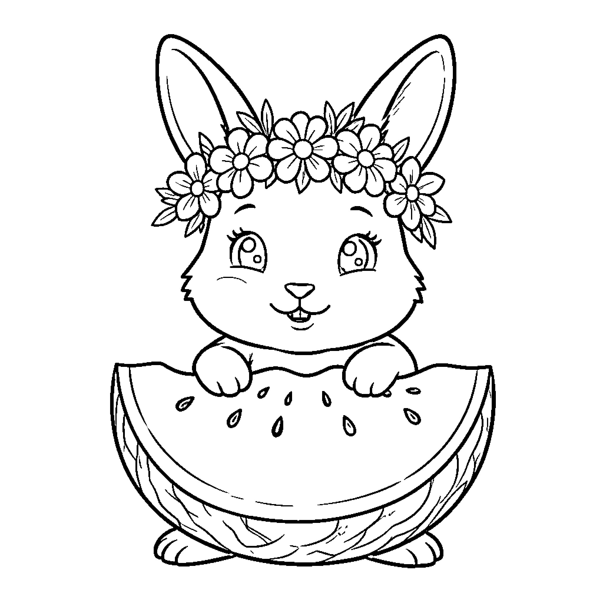 Rabbit wearing a flower crown eating watermelon Coloring Page (free black-and-white line drawing printable PDF for all, from beginners to advanced learners, including children, teens, adults, and seniors)
