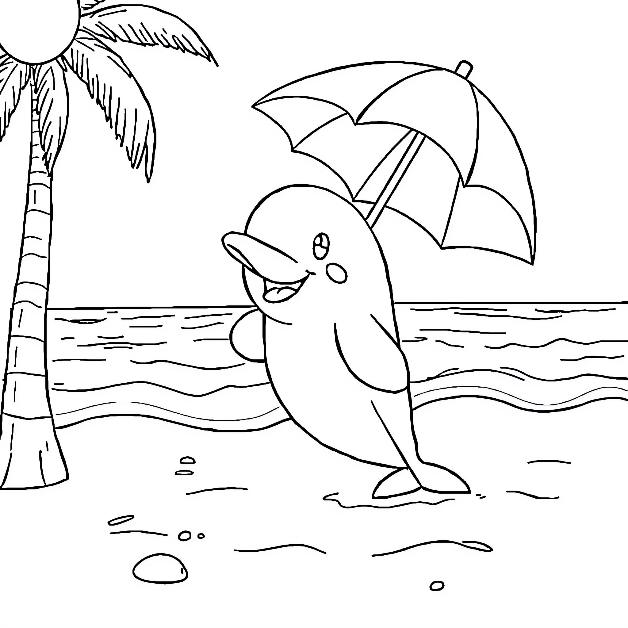 Dolphin enjoying a sunny beach day with umbrella Coloring Page (free black-and-white line drawing printable PDF for all, from beginners to advanced learners, including children, teens, adults, and seniors)