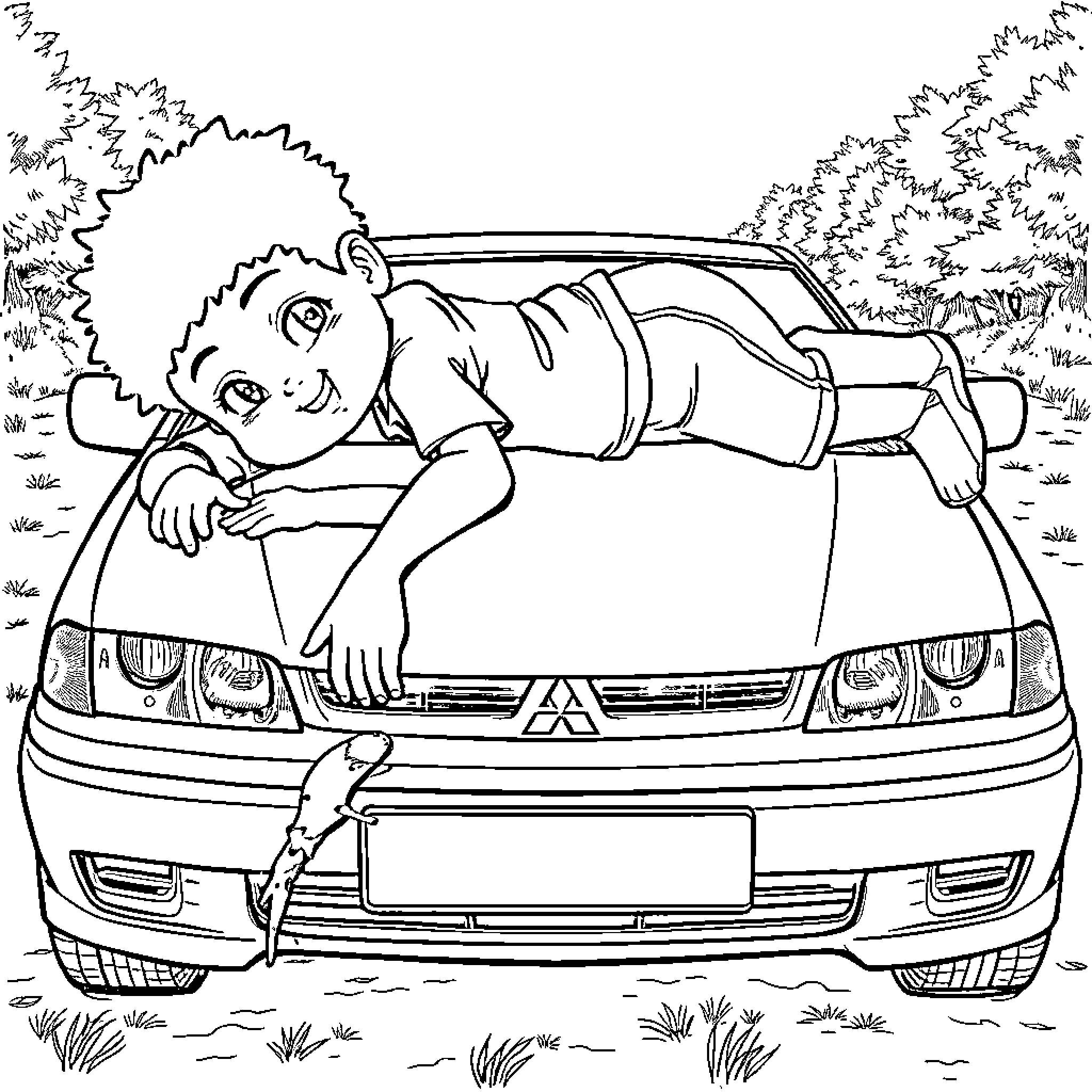 Kid relaxing on a car in nature Coloring Page (free black-and-white line drawing printable PDF for all, from beginners to advanced learners, including children, teens, adults, and seniors)