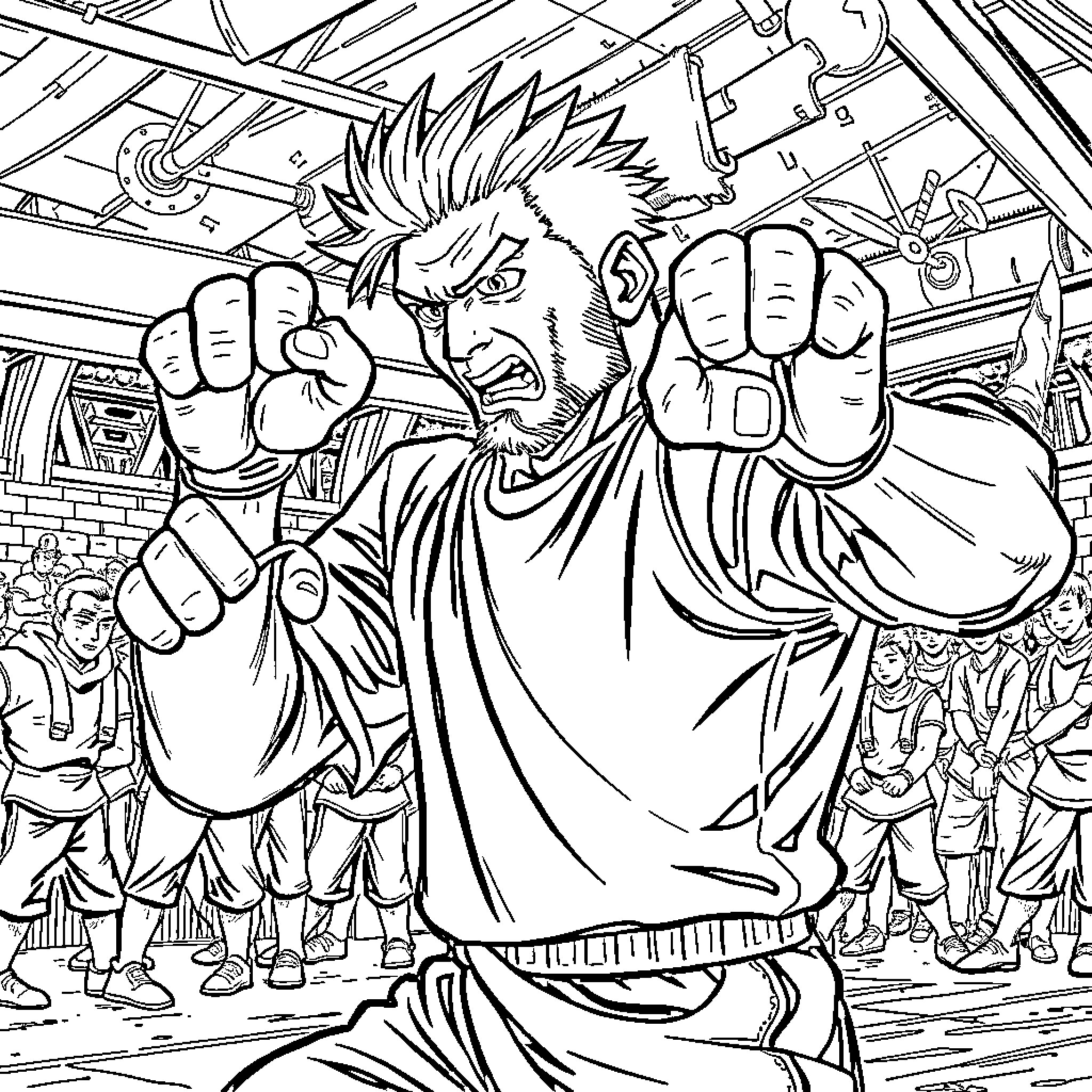 Bakugo Raging Intensity in Battle Scene Coloring Page (free black-and-white line drawing printable PDF for all, from beginners to advanced learners, including children, teens, adults, and seniors)