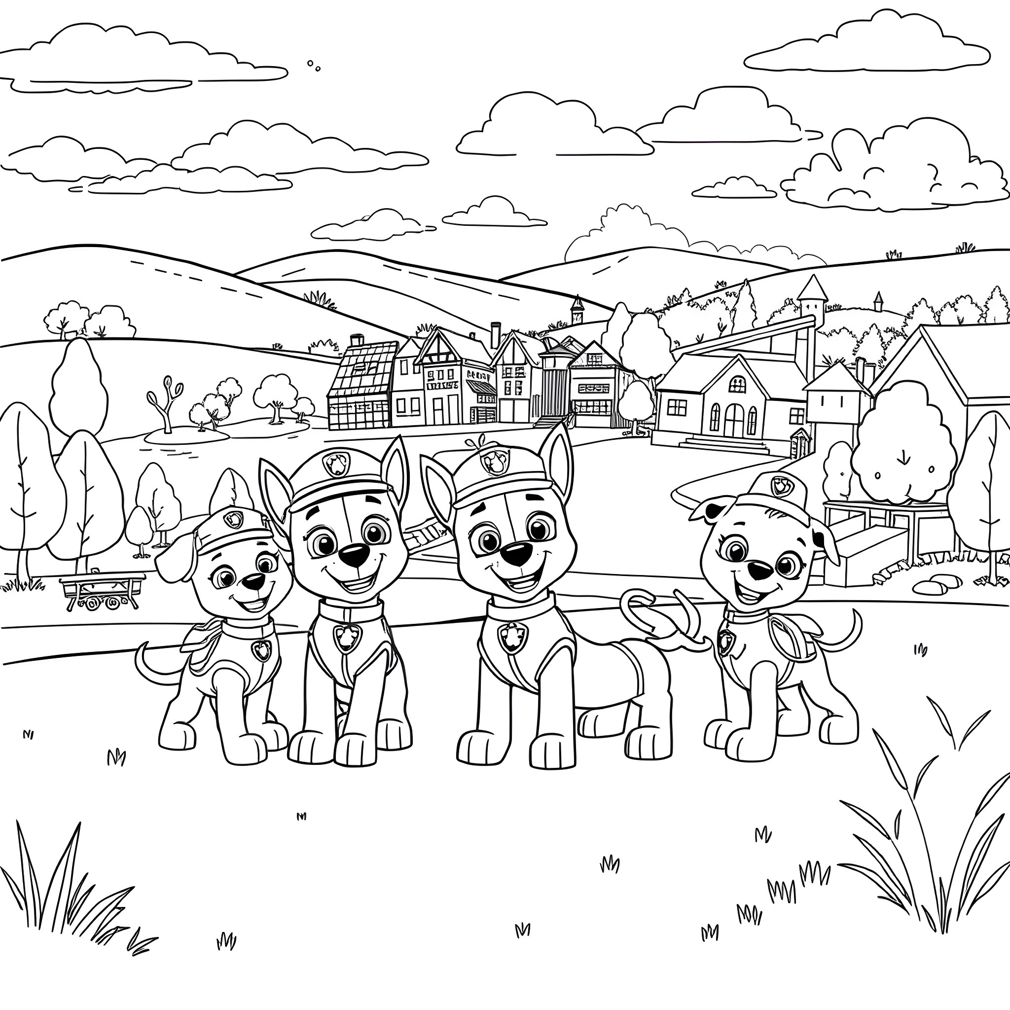 Paw Patrol pups adventuring in a quaint village Coloring Page (free black-and-white line drawing printable PDF for all, from beginners to advanced learners, including children, teens, adults, and seniors)