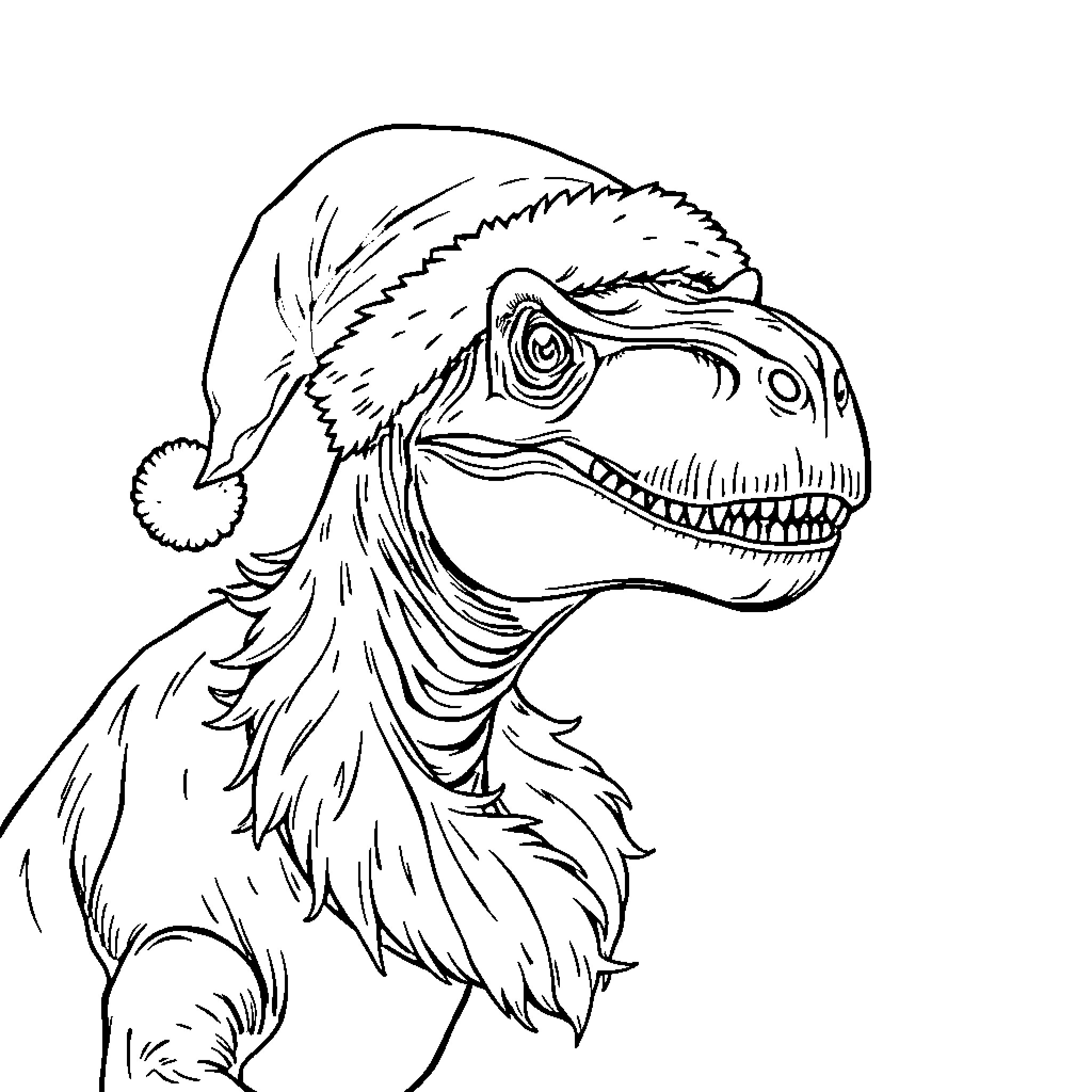 T-Rex wearing a Santa hat Coloring Page (free black-and-white line drawing printable PDF for all, from beginners to advanced learners, including children, teens, adults, and seniors)