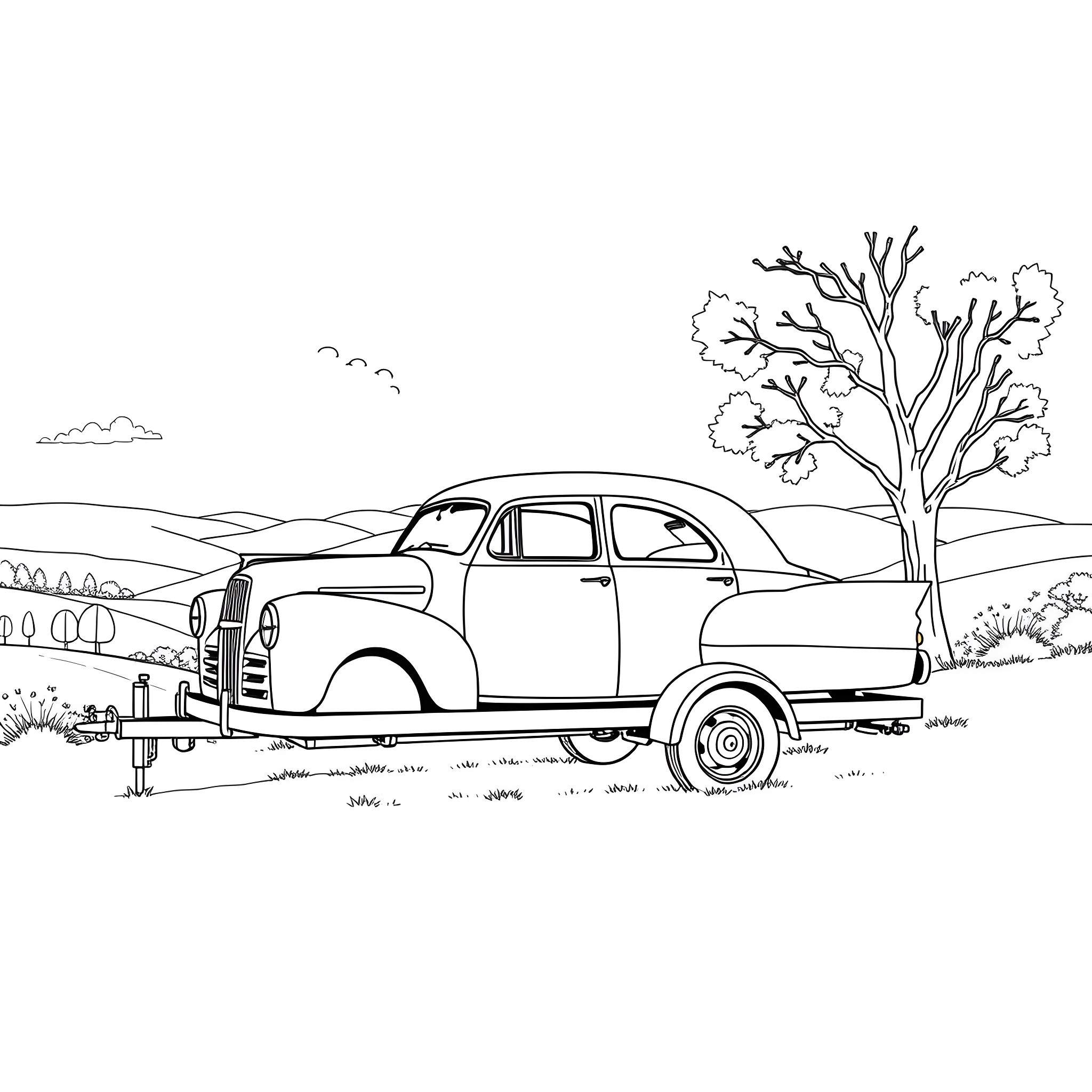 Car in rustic countryside landscape Coloring Page (free black-and-white line drawing printable PDF for all, from beginners to advanced learners, including children, teens, adults, and seniors)