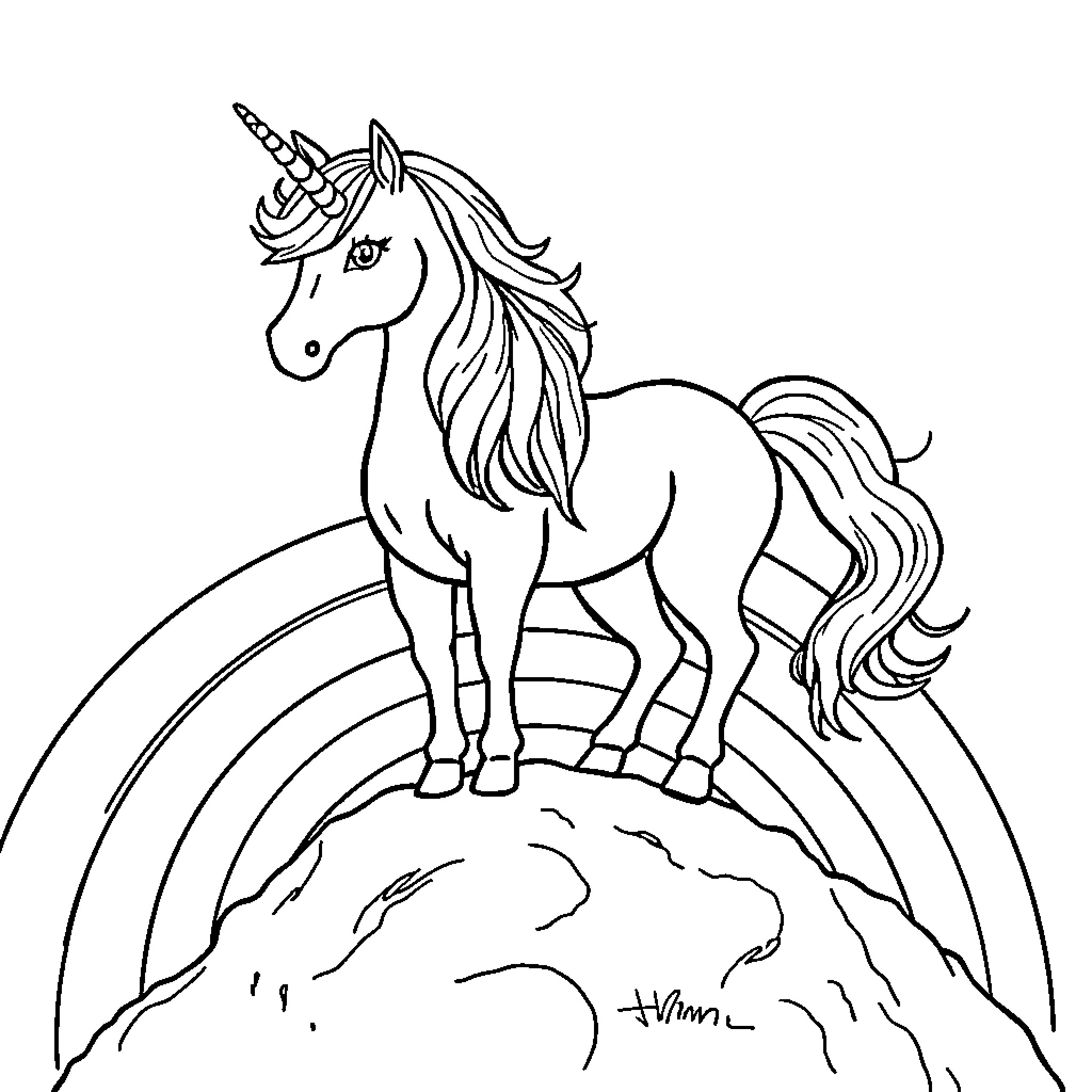Unicorn standing proudly on a rocky cliff Coloring Page (free black-and-white line drawing printable PDF for all, from beginners to advanced learners, including children, teens, adults, and seniors)