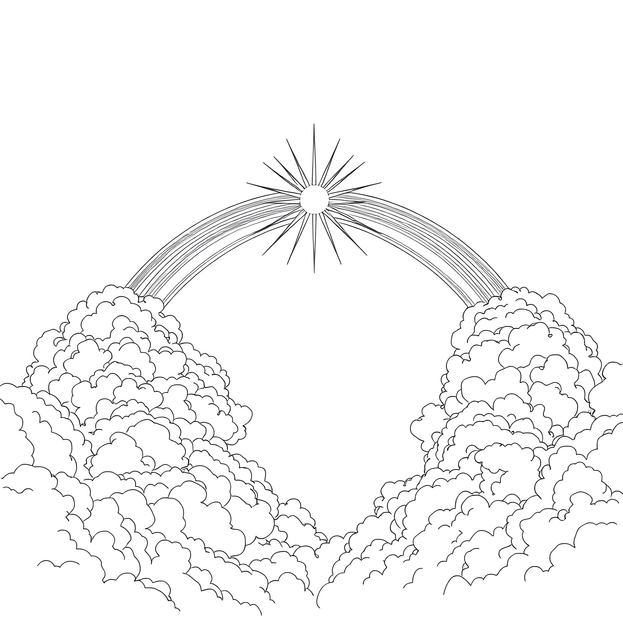 Spirit Sky with Bright Star in Clouds Coloring Page (free black-and-white line drawing printable PDF for all, from beginners to advanced learners, including children, teens, adults, and seniors)