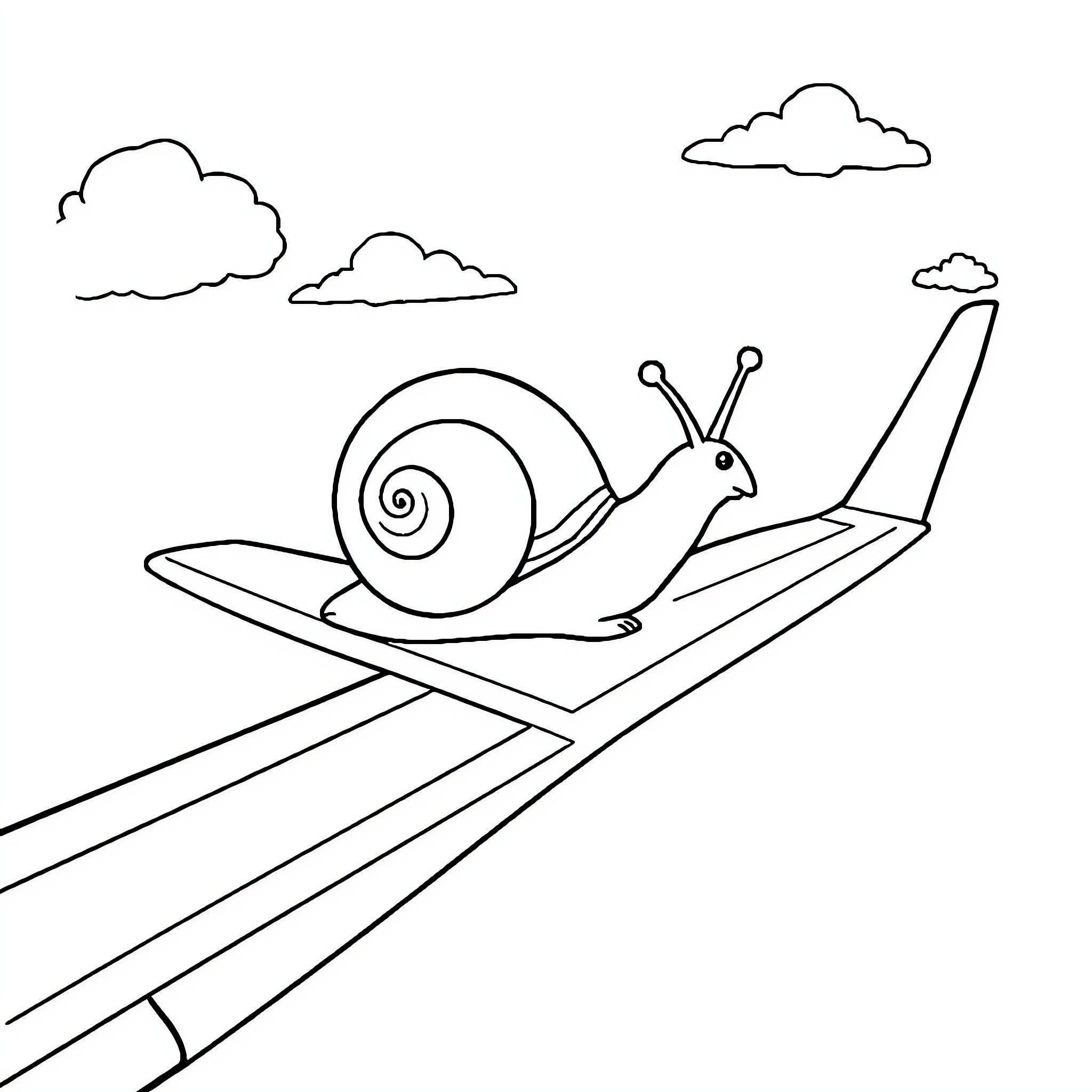 Escargot riding on a paper airplane in the sky Coloring Page (free black-and-white line drawing printable PDF for all, from beginners to advanced learners, including children, teens, adults, and seniors)