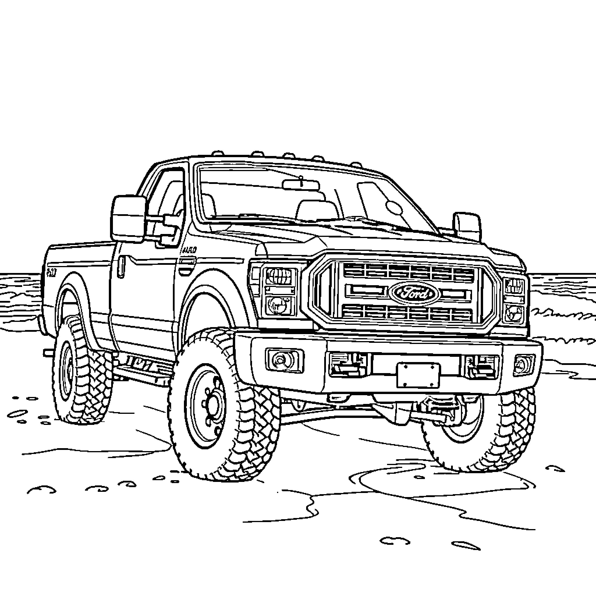 Truck navigating through rugged terrain Coloring Page (free black-and-white line drawing printable PDF for all, from beginners to advanced learners, including children, teens, adults, and seniors)