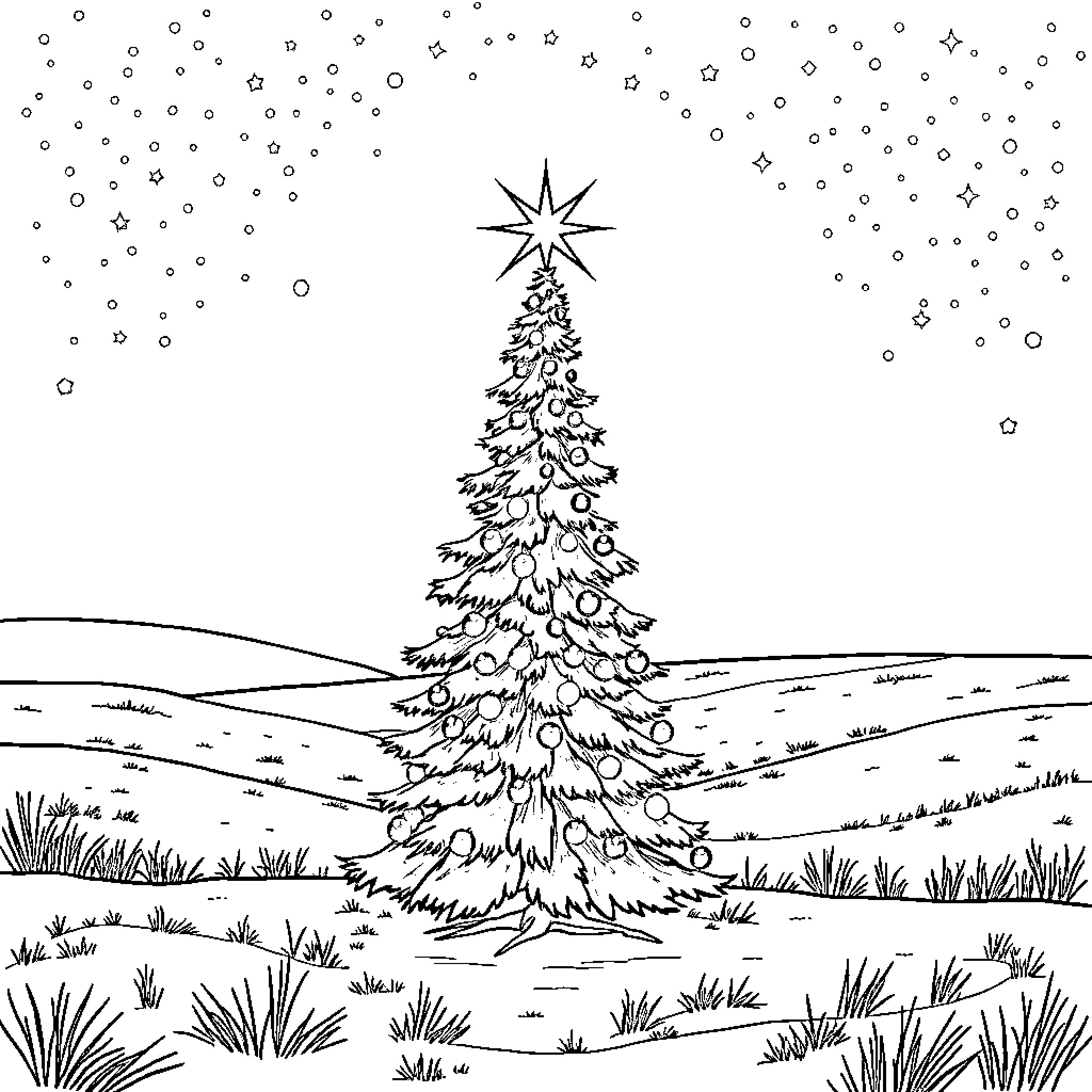 Christmas Tree Decorated with Sparkling Stars on Snowy Landscape Coloring Page (free black-and-white line drawing printable PDF for all, from beginners to advanced learners, including children, teens, adults, and seniors)