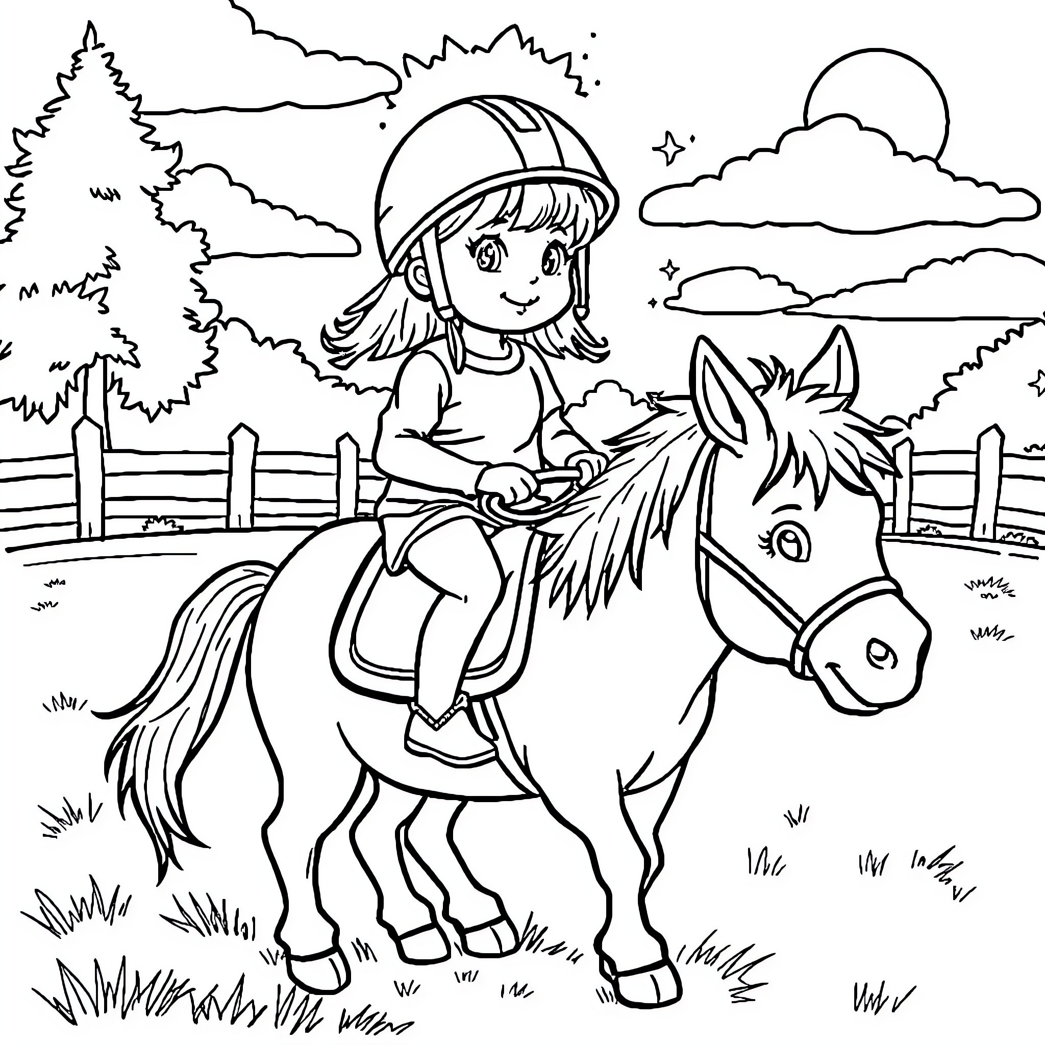 Girl happily riding a horse in the countryside Coloring Page (free black-and-white line drawing printable PDF for all, from beginners to advanced learners, including children, teens, adults, and seniors)