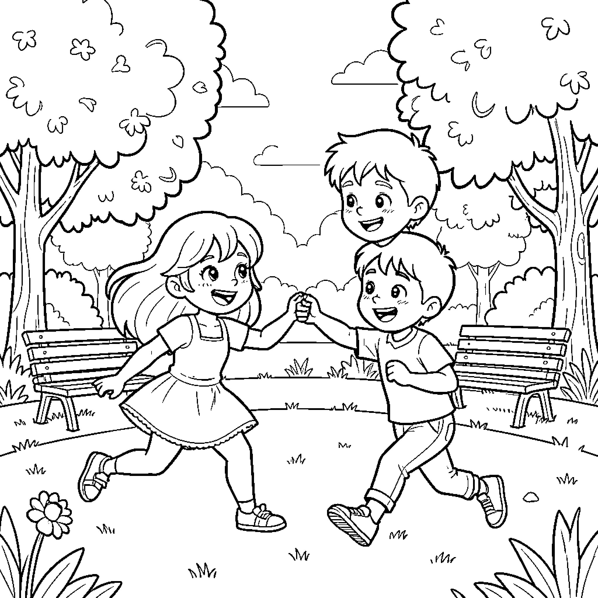 Sofia and Caleb playing together in the park Coloring Page (free black-and-white line drawing printable PDF for all, from beginners to advanced learners, including children, teens, adults, and seniors)
