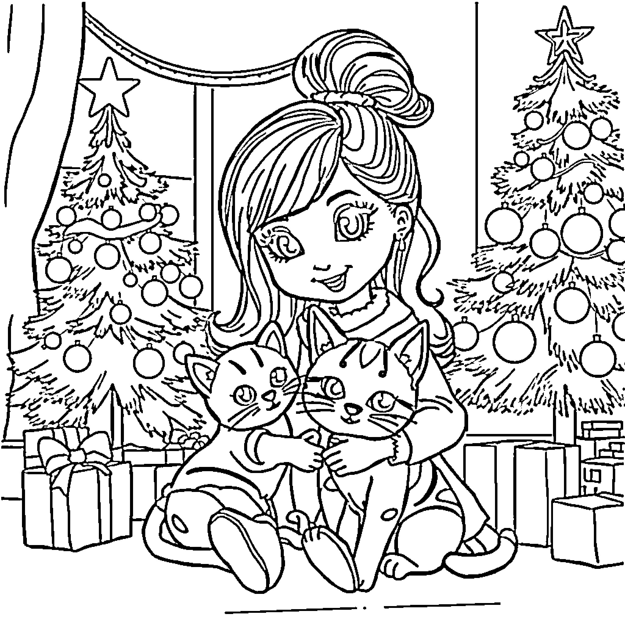 Gabby's Cozy Christmas with Kittens Coloring Page (free black-and-white line drawing printable PDF for all, from beginners to advanced learners, including children, teens, adults, and seniors)