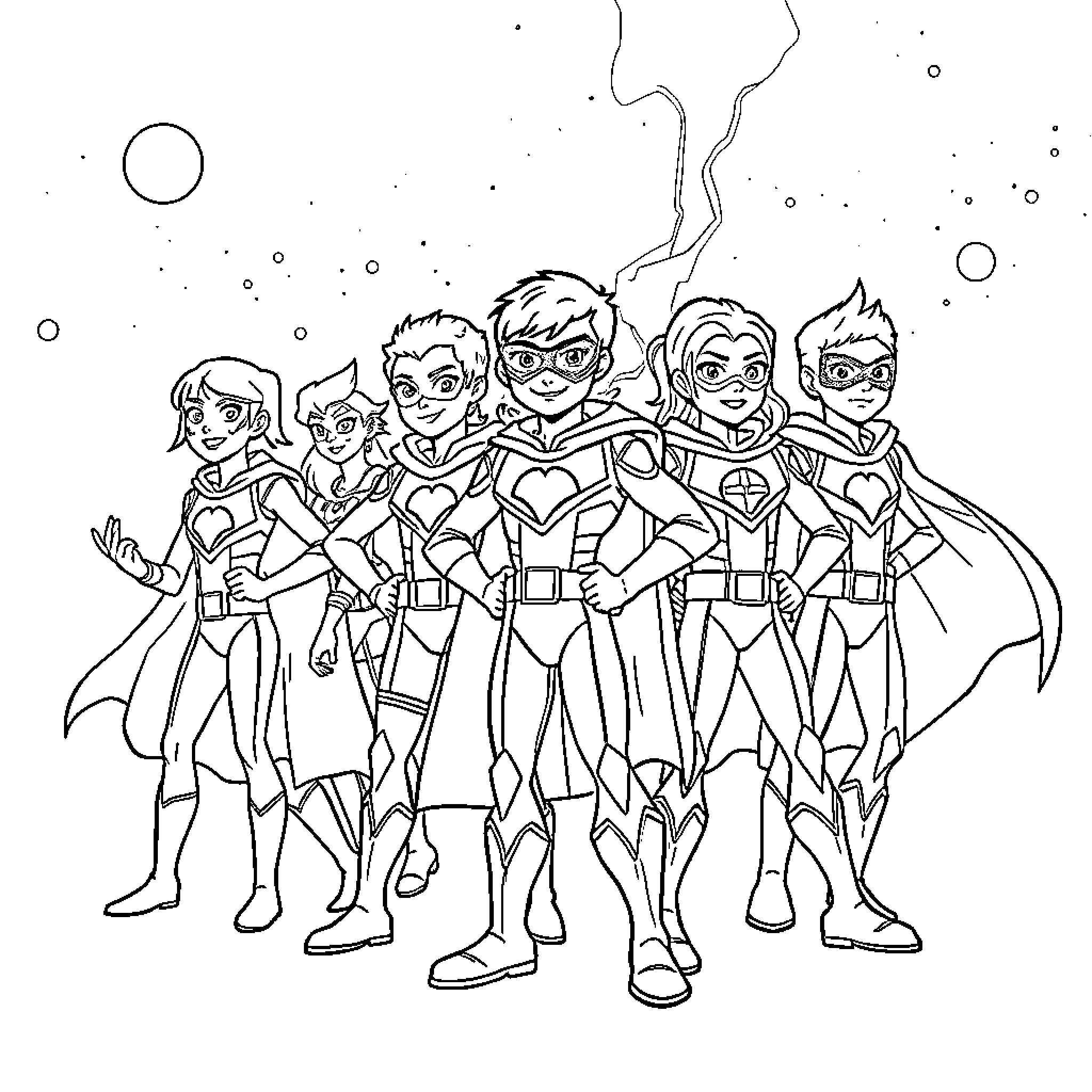 Superhero Team Assembles for Heroic Adventure Coloring Page (free black-and-white line drawing printable PDF for all, from beginners to advanced learners, including children, teens, adults, and seniors)