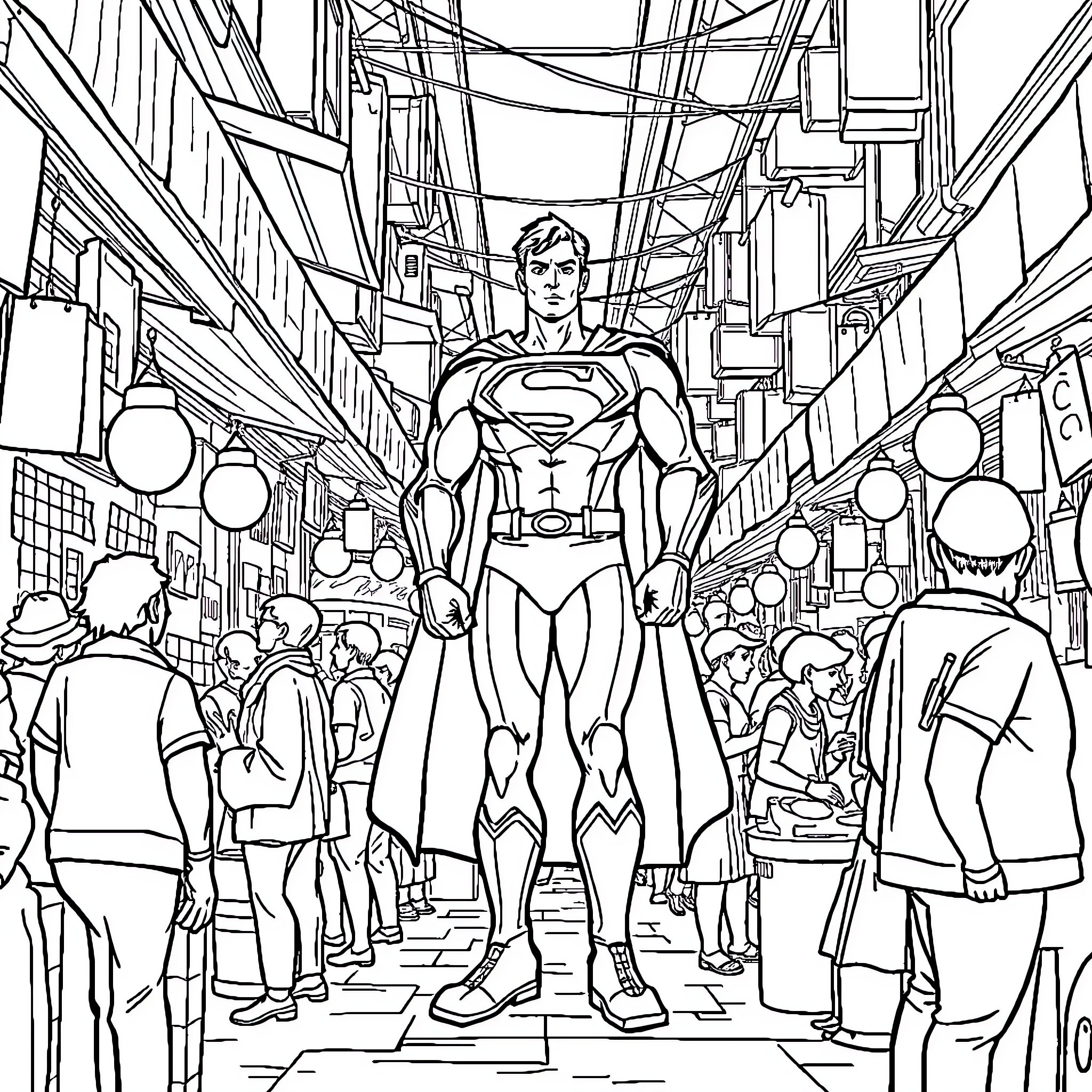 Superman standing tall in a crowded urban setting Coloring Page (free black-and-white line drawing printable PDF for all, from beginners to advanced learners, including children, teens, adults, and seniors)