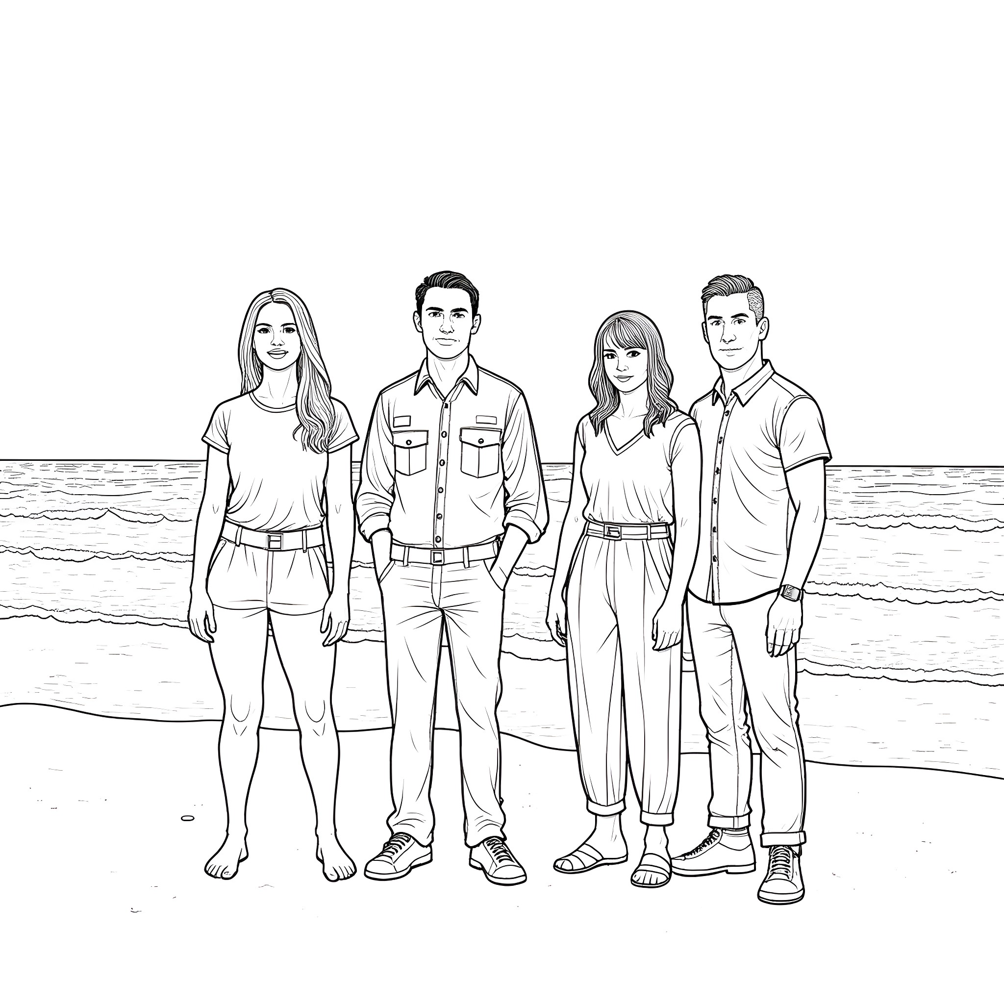 Beach friends spending a sunny day together Coloring Page (free black-and-white line drawing printable PDF for all, from beginners to advanced learners, including children, teens, adults, and seniors)