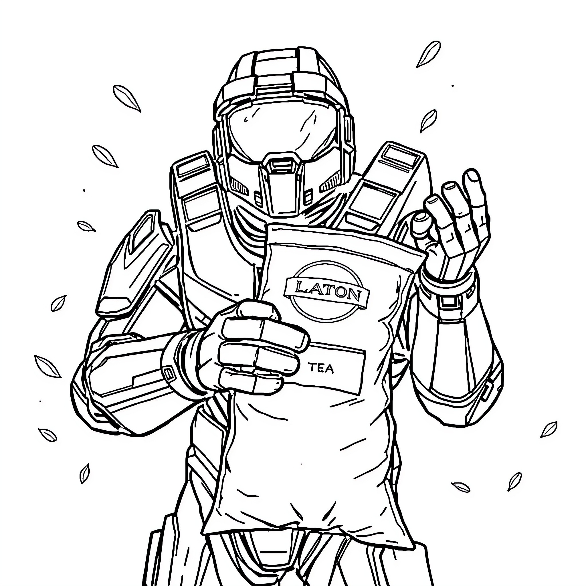 Halo Master Chief enjoying a cup of tea Coloring Page (free black-and-white line drawing printable PDF for all, from beginners to advanced learners, including children, teens, adults, and seniors)