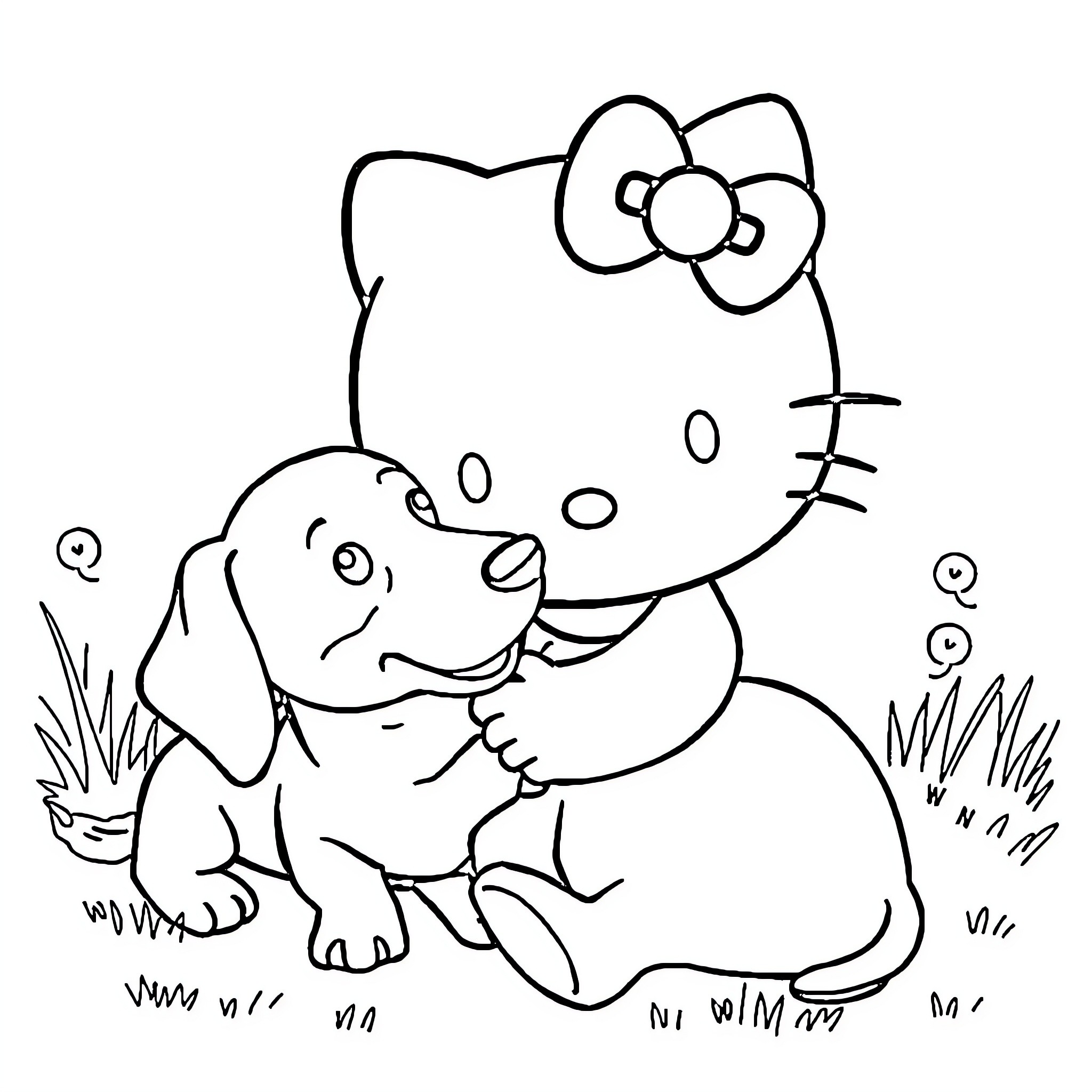 Hello Kitty playing with a puppy in the park Coloring Page (free black-and-white line drawing printable PDF for all, from beginners to advanced learners, including children, teens, adults, and seniors)