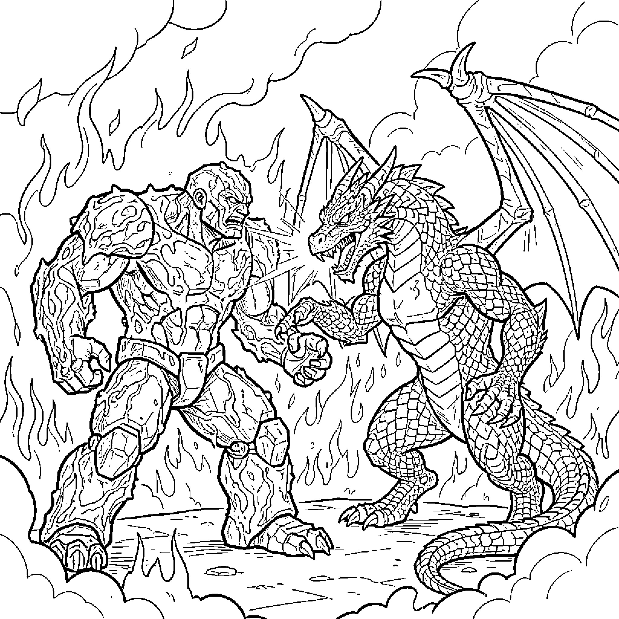 Eldrador Creatures battling in a fiery scene Coloring Page (free black-and-white line drawing printable PDF for all, from beginners to advanced learners, including children, teens, adults, and seniors)
